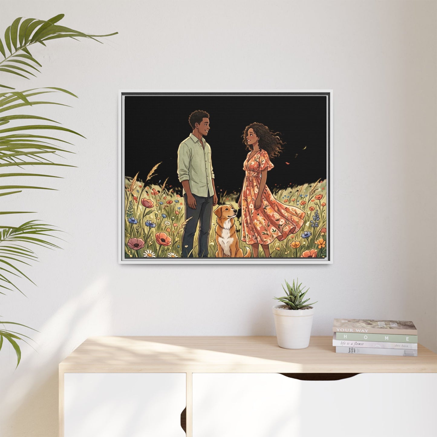 Framed Matte Canvas Print — Romantic Couple in Wildflower Field (Multi‑Color)