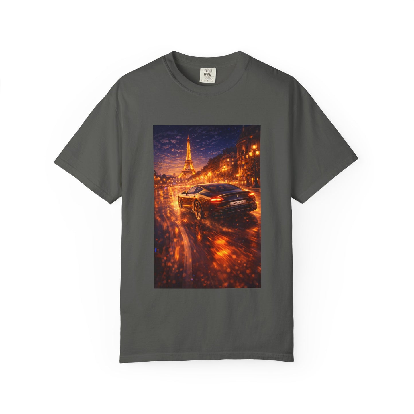 Paris Night Drive T-Shirt — Sports Car in Rainy Cityscape