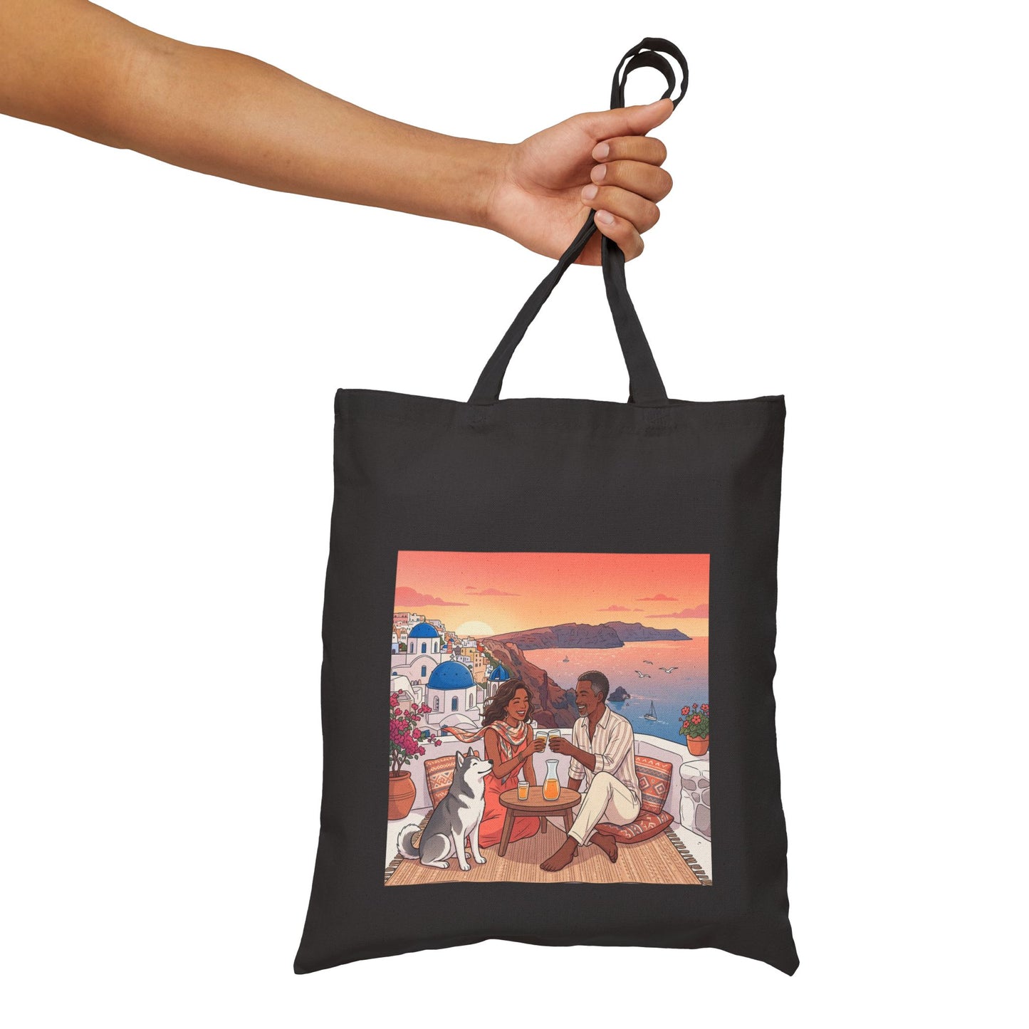 Santorini Sunset Beach Tote — Romantic Couple & Dog Canvas Bag