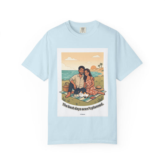 Beach Picnic Couple T‑Shirt — “The best days aren’t planned.” Relaxed Vacation Tee