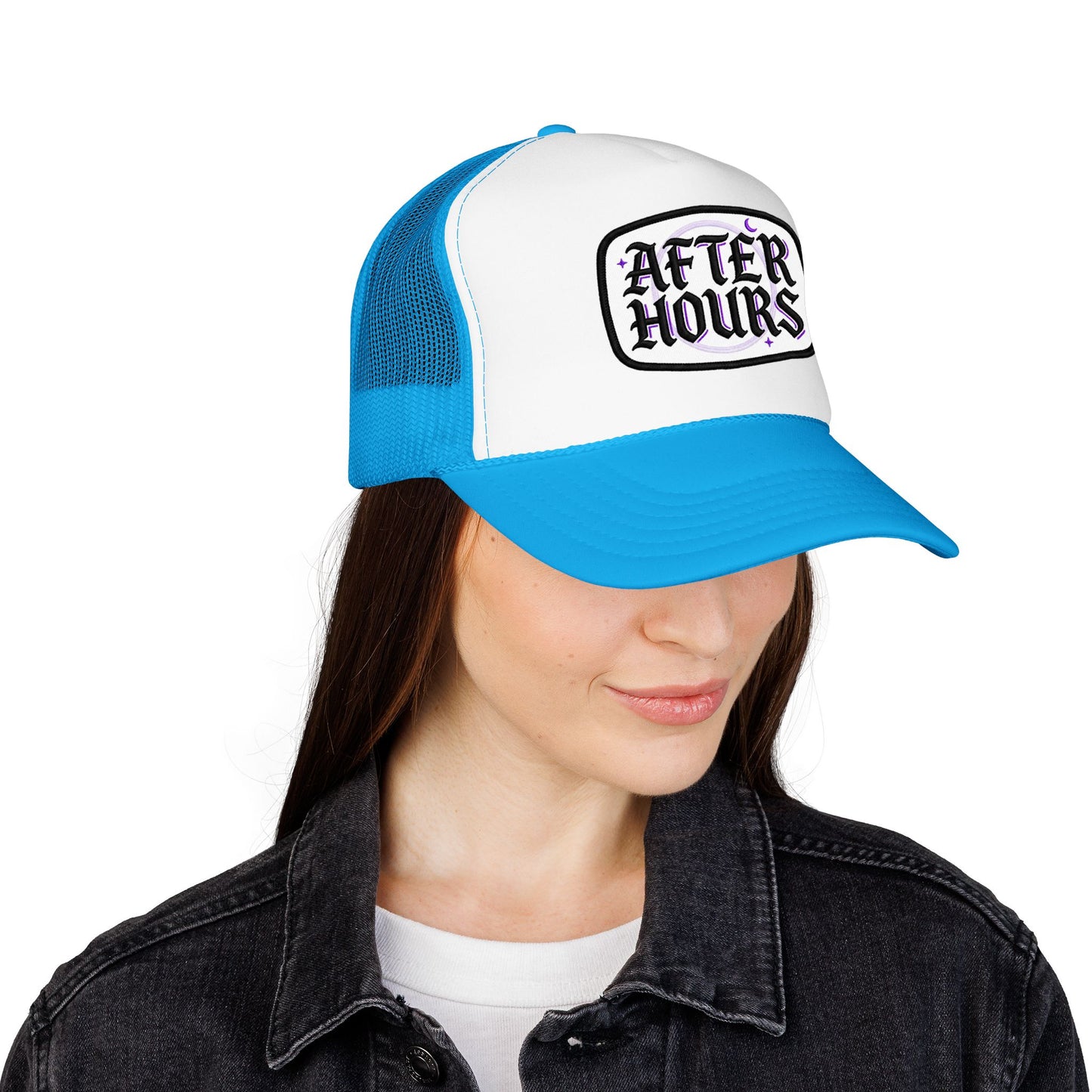 After Hours Foam Trucker Hat – Retro Gothic Embroidered Patch Cap