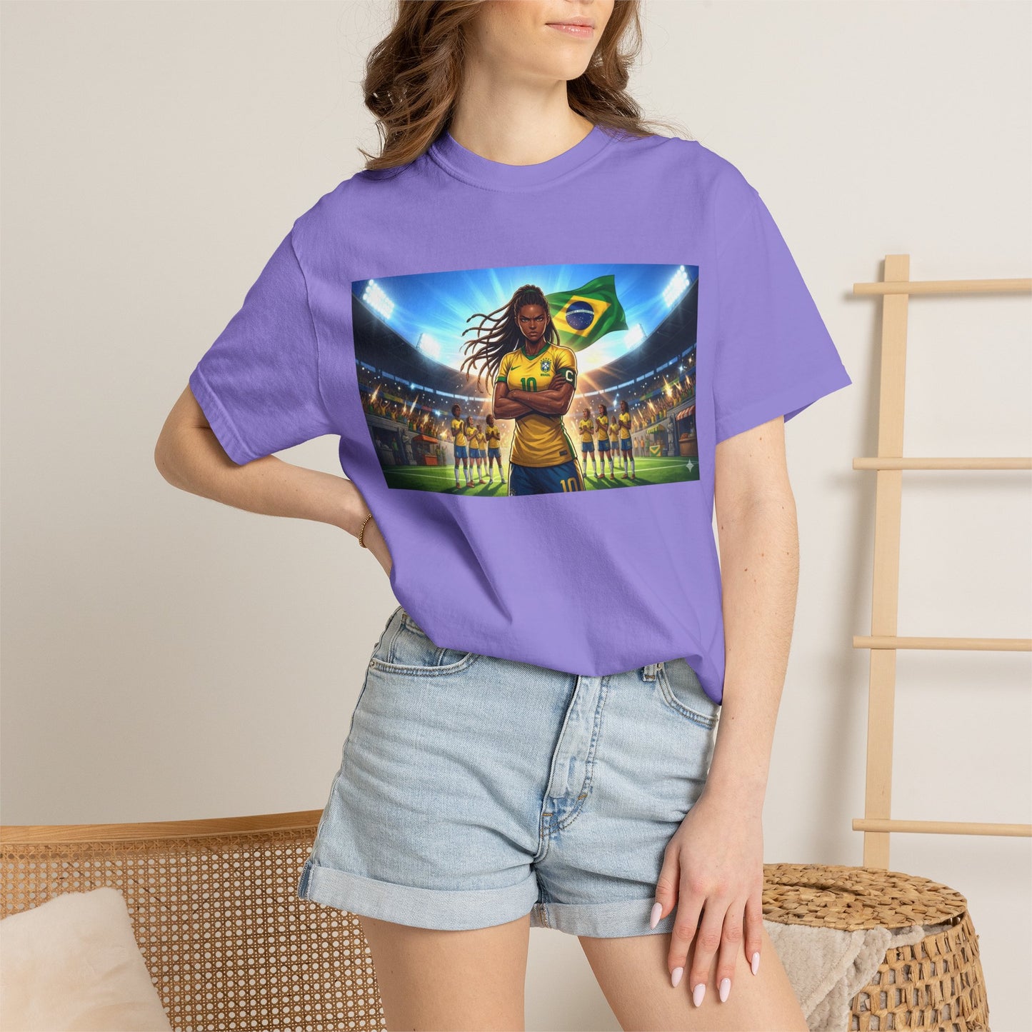 Brazil Soccer Captain T-Shirt — Player Holding Ball with Brazilian Flag Stadium Graphic