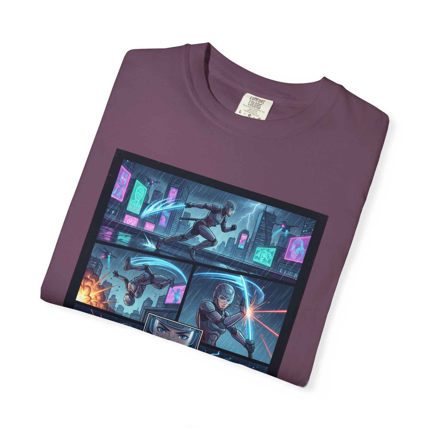 Cyberpunk Girl Samurai T-Shirt — Neon Manga Panel Graphic Tee
