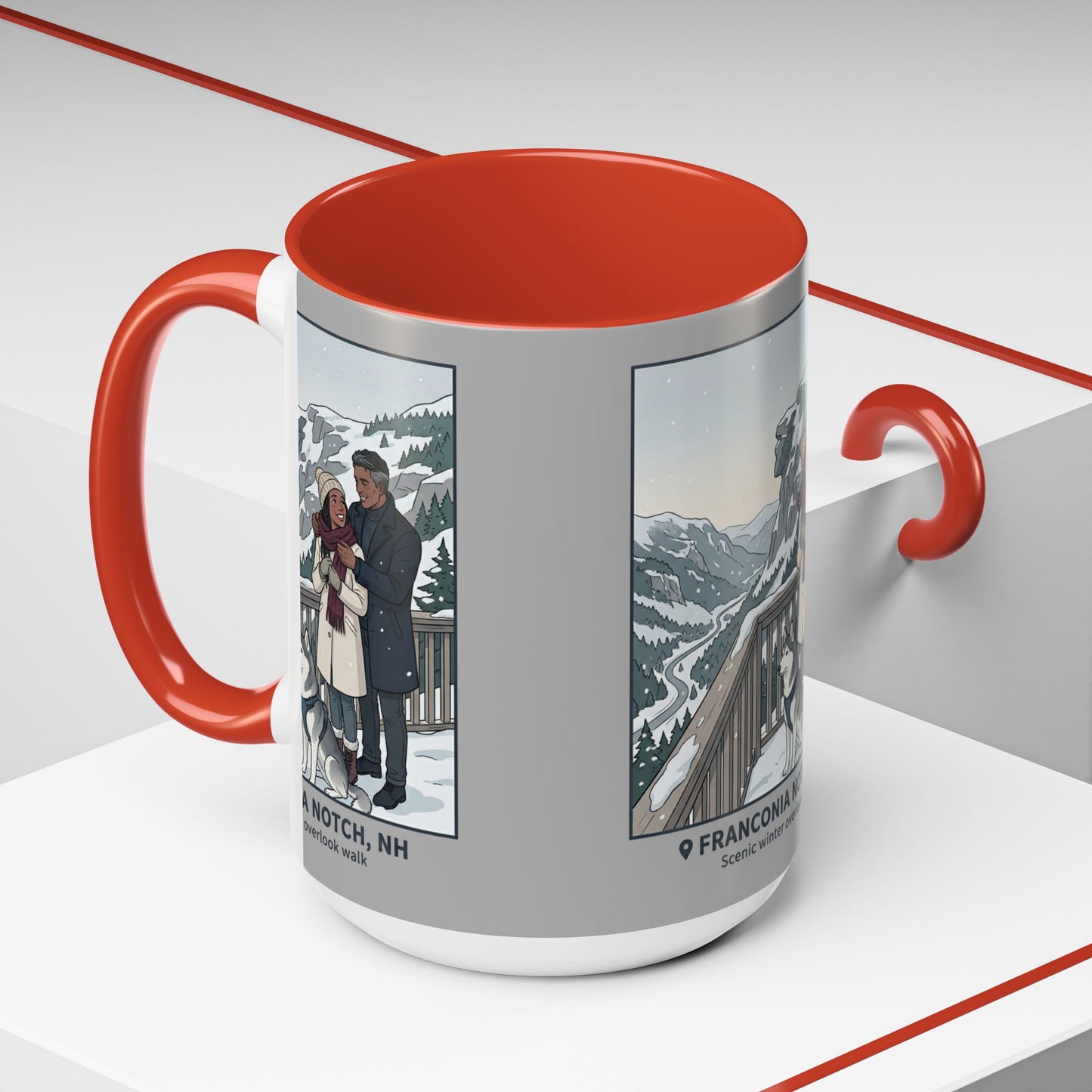 Franconia Notch Scenic Winter Mug — Couples & Dog Snowy Overlook Coffee Cup (11/15oz)