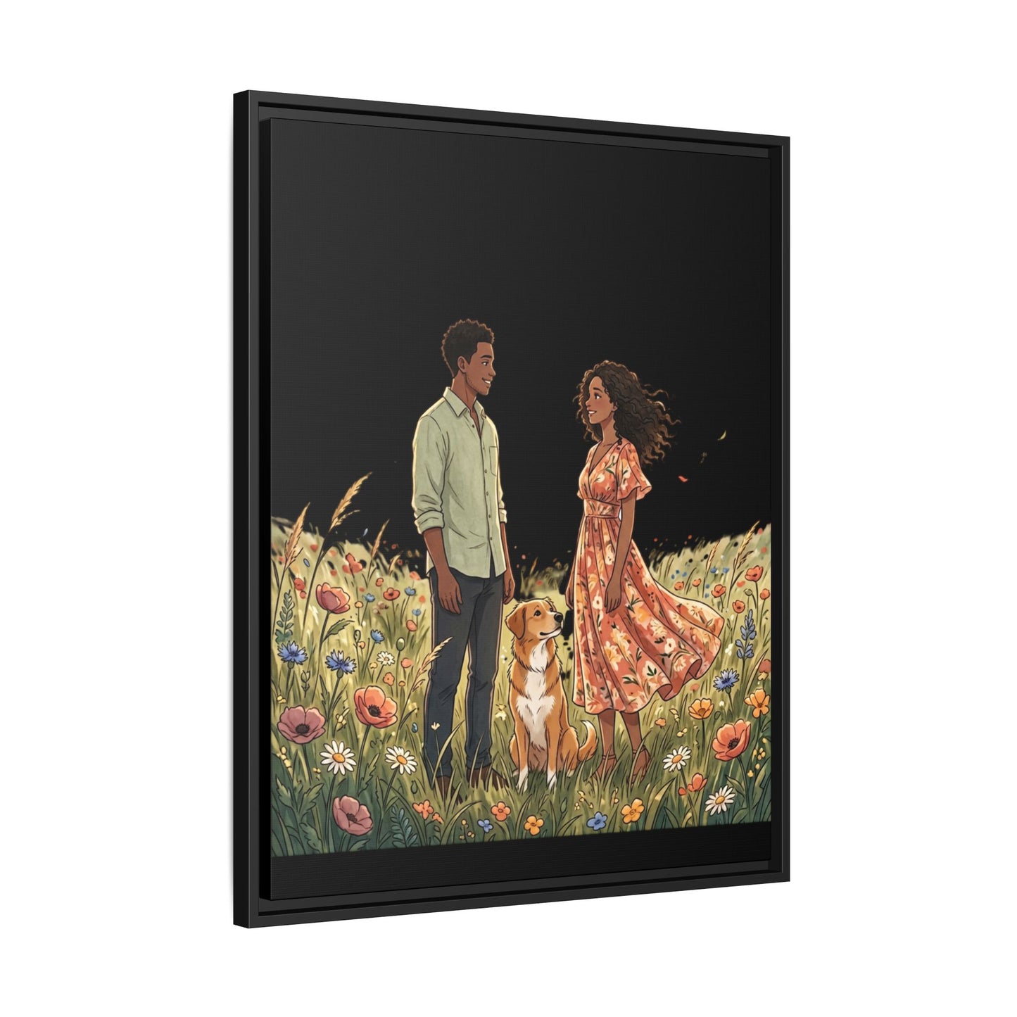 Framed Matte Canvas Print — Romantic Couple in Wildflower Field (Multi‑Color)