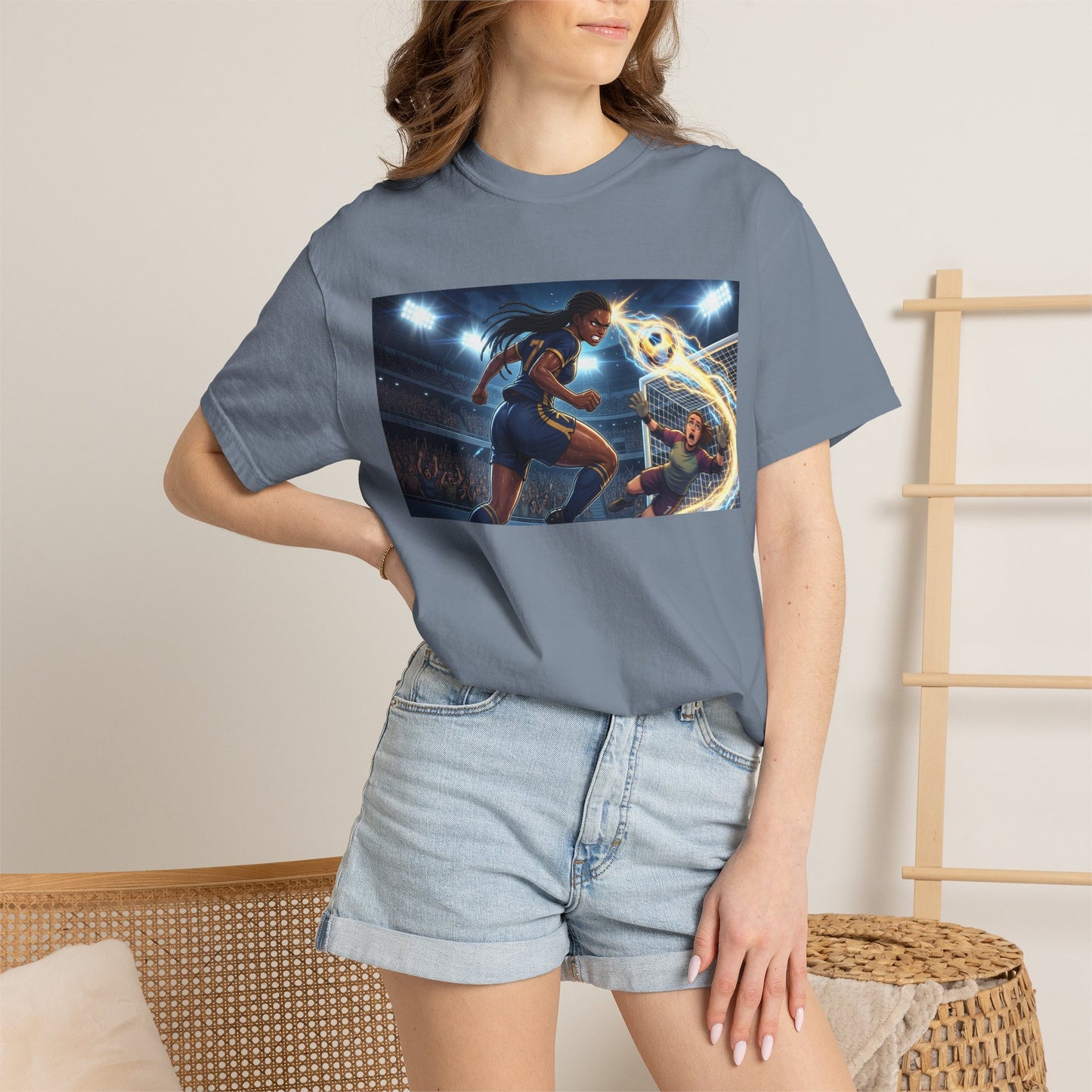 Soccer Duel Graphic T-Shirt — Futuristic Goalkeeper vs Striker Stadium Print