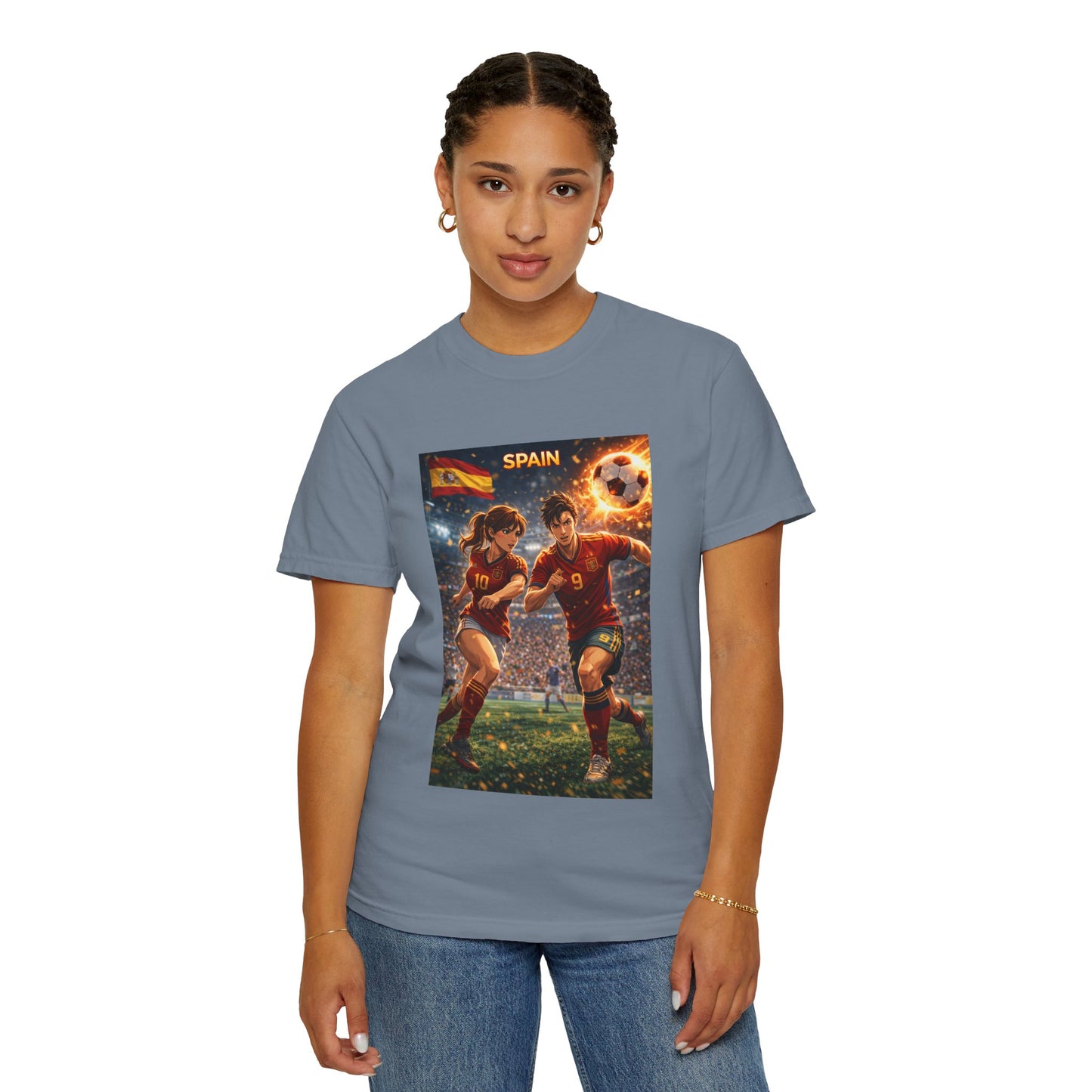 Spain Soccer Graphic T-Shirt — Retro Match Scene with Flag