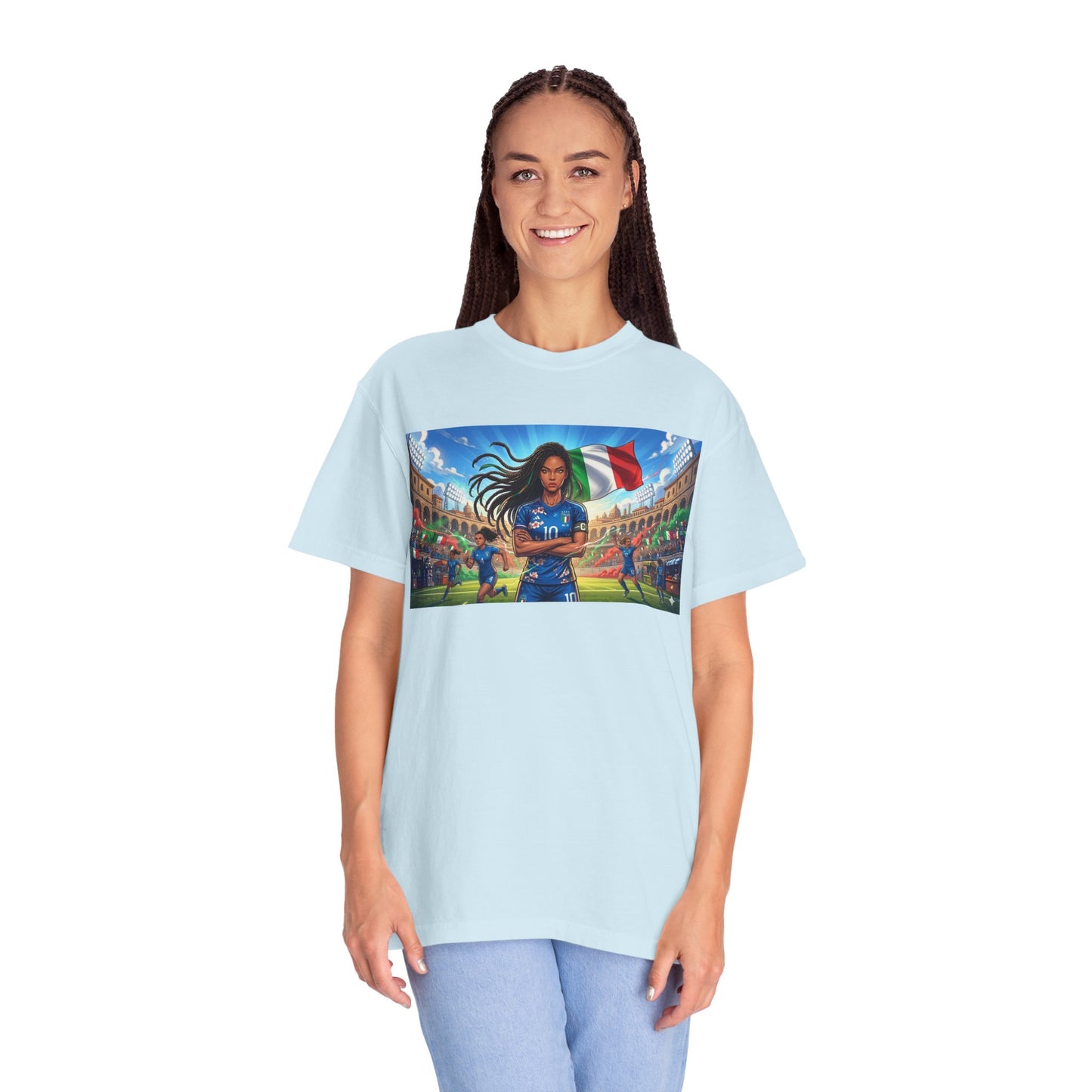 Italian Soccer Fan T‑Shirt – Inspirational Female Player with Italy Flag Stadium Print