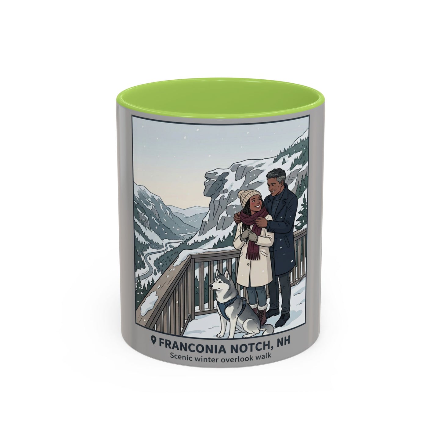 Franconia Notch Scenic Winter Mug — Couples & Dog Snowy Overlook Coffee Cup (11/15oz)