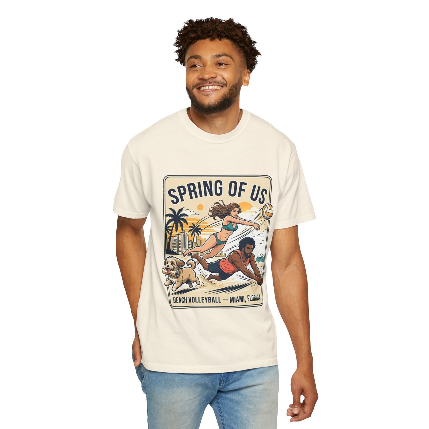 Spring of Us Beach Volleyball T-Shirt — Miami, Florida Retro Sun & Palm Tee