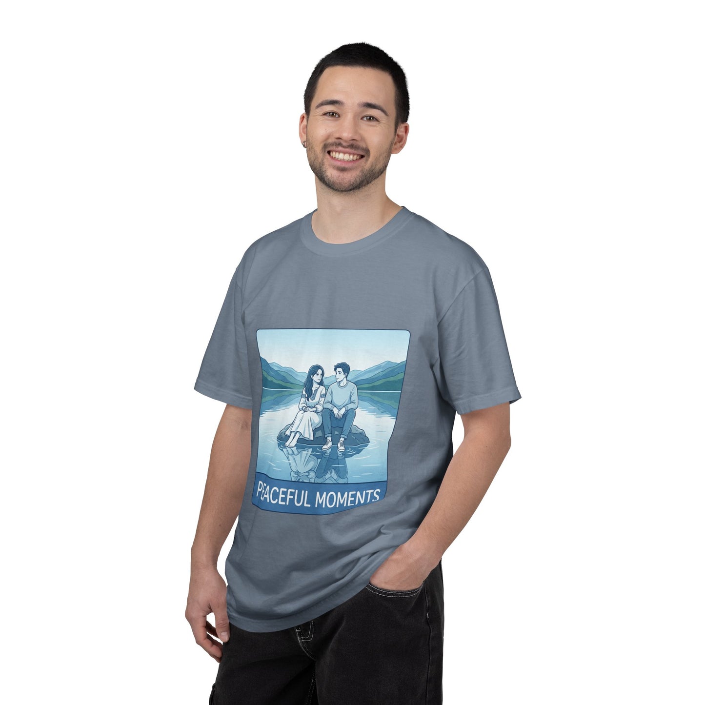 Peaceful Moments Tee — Couple Sitting by Lake Graphic T-Shirt