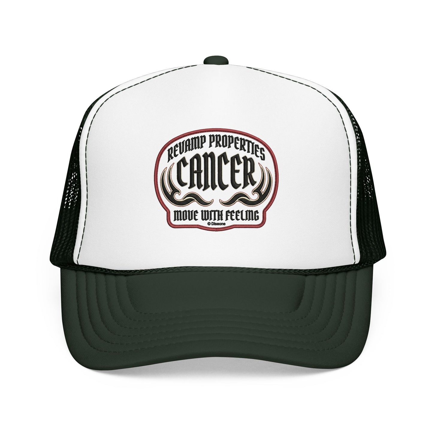 Cancer Zodiac Trucker Hat — Vintage Embroidered Skull & Crab Design