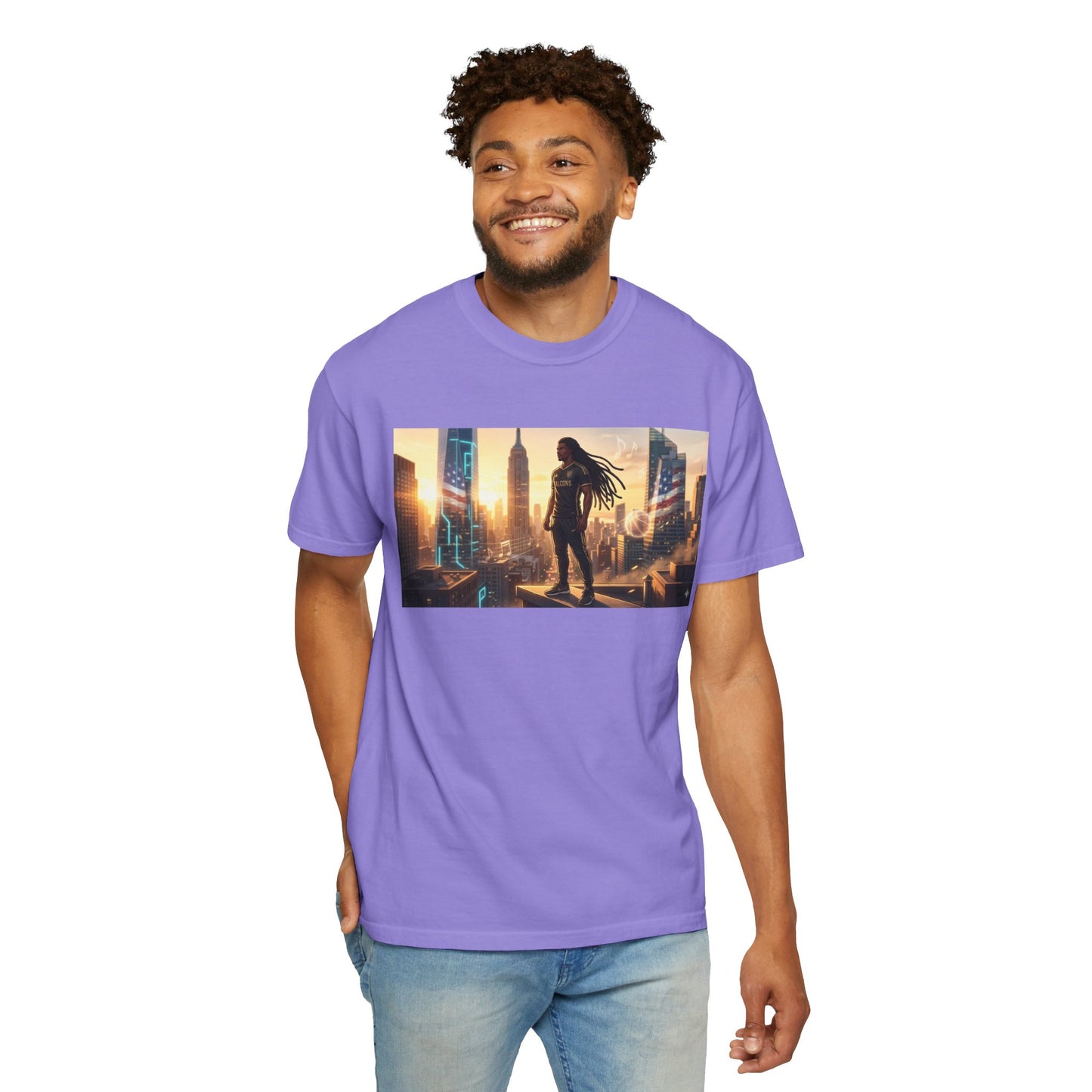 Cyberpunk Cityscape T-Shirt — Silhouette Hero at Sunset