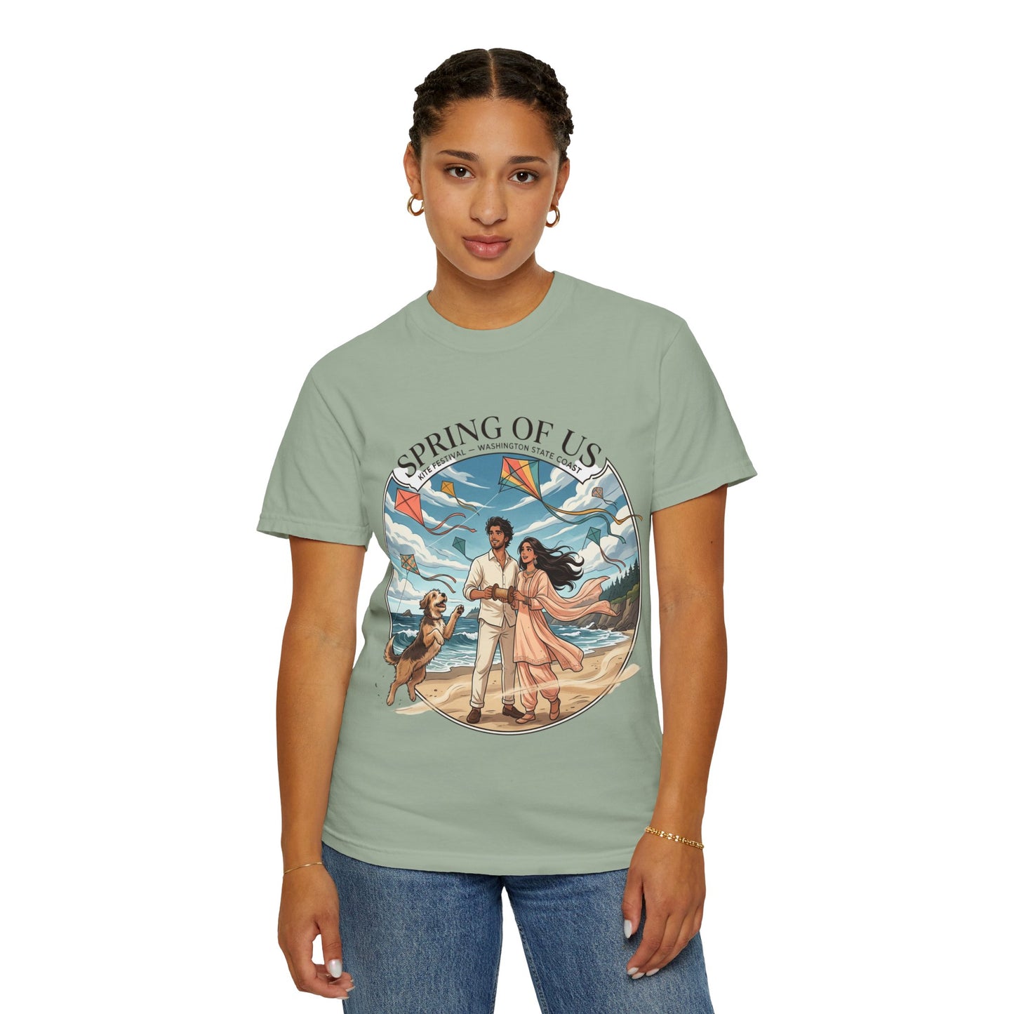 Spring of Us T-Shirt — Romantic Beach Couple Illustration with Dog
