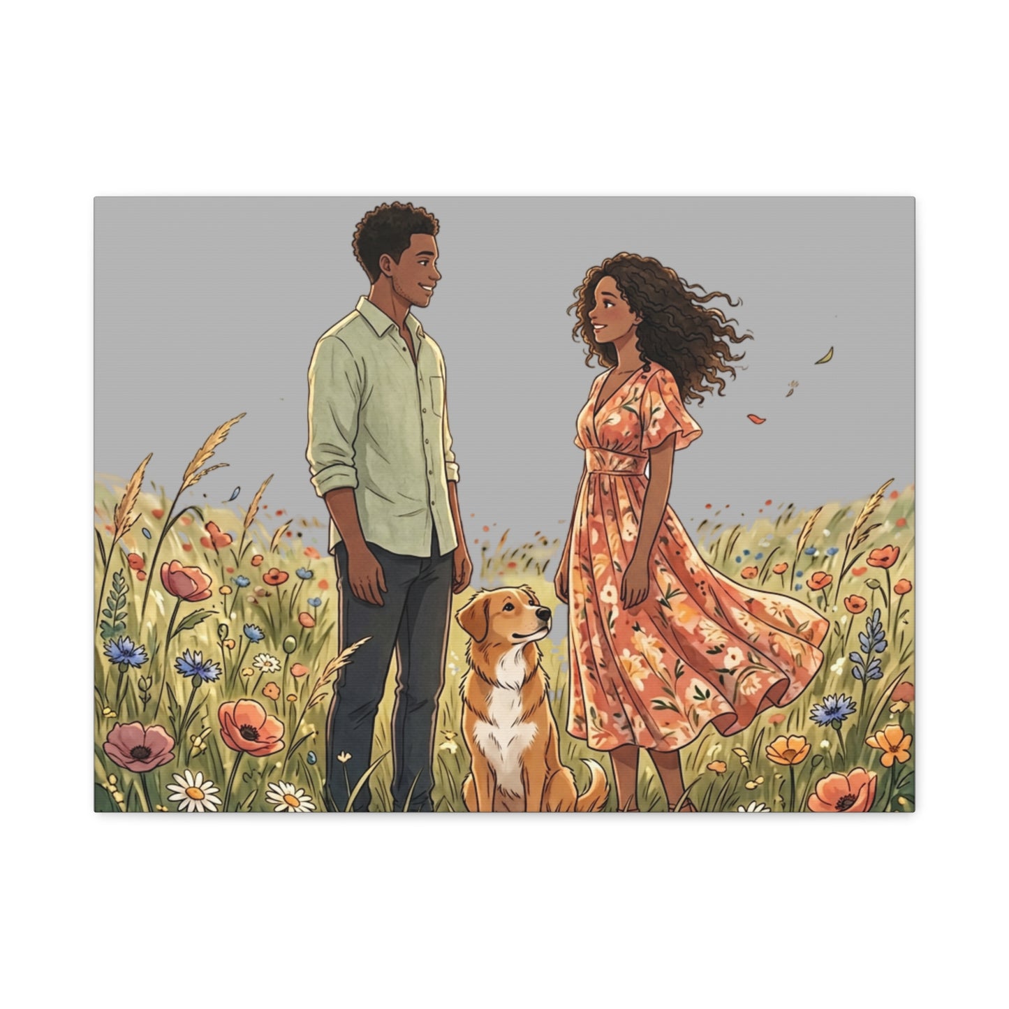 Romantic Couple in Wildflower Field Canvas Art — Black Love Wall Decor with Dog