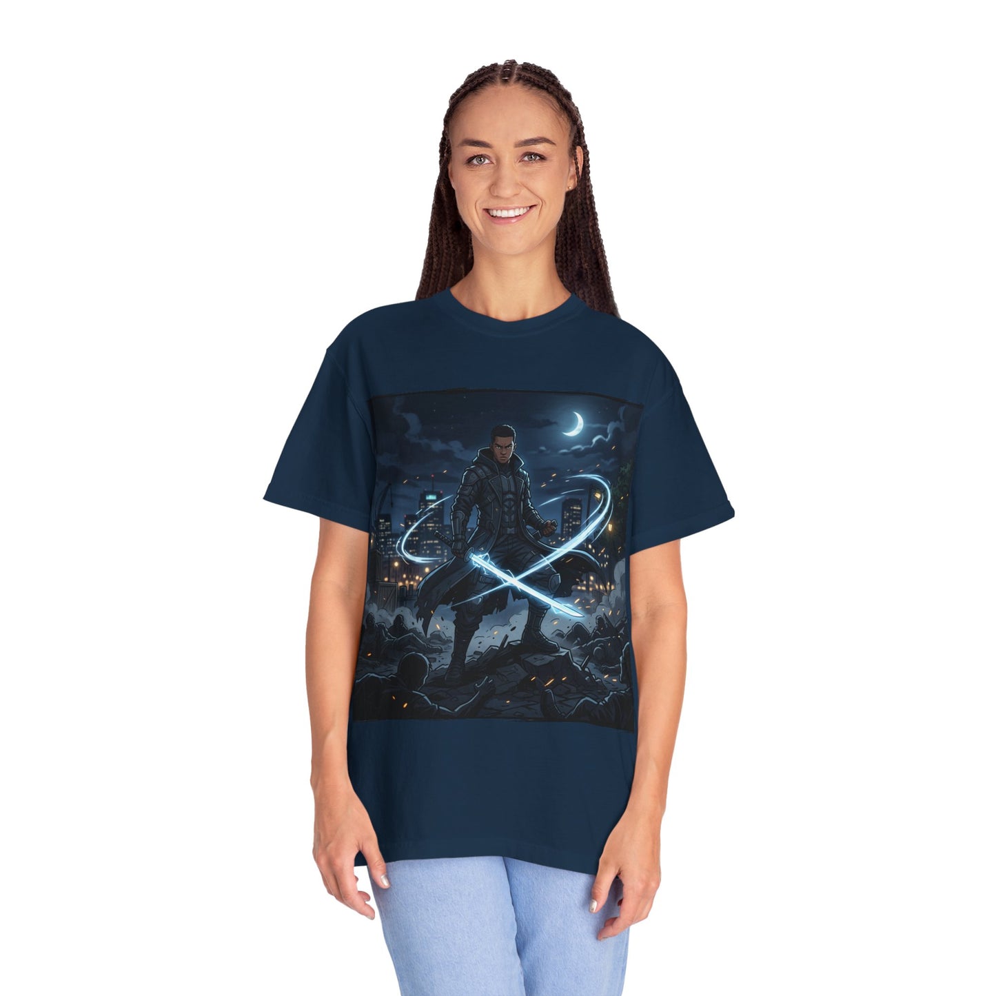 Urban Night Warrior T-Shirt — Neon Samurai Cityscape