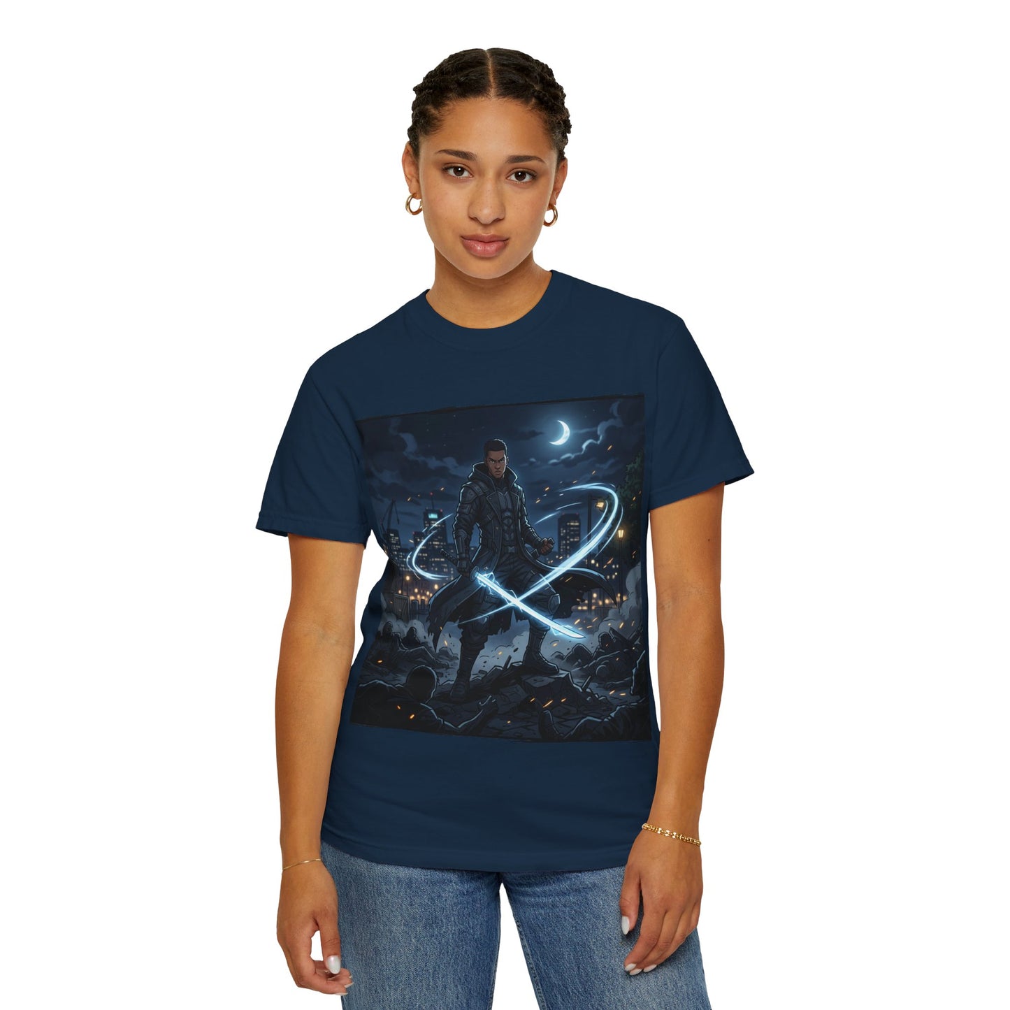Urban Night Warrior T-Shirt — Neon Samurai Cityscape