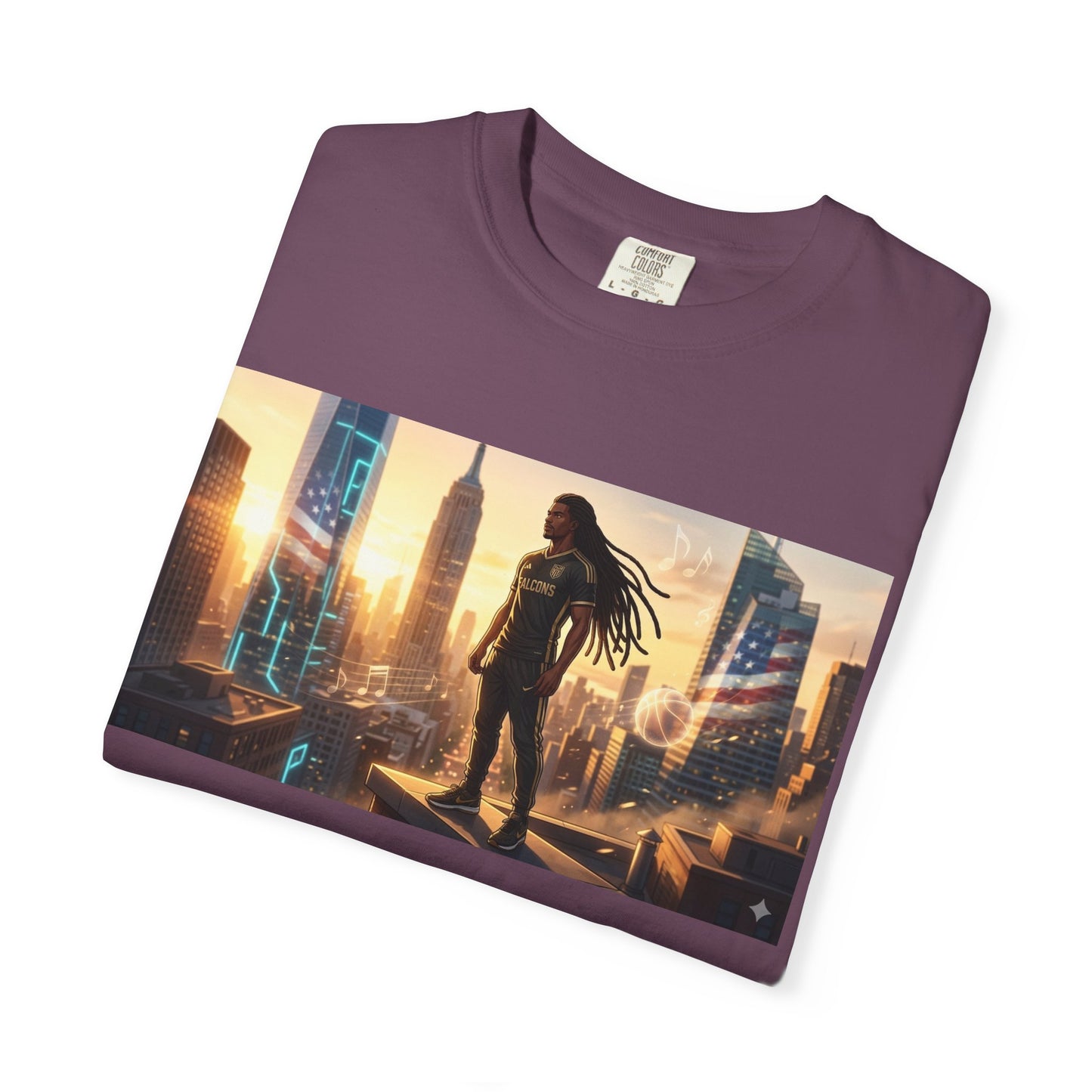 Cyberpunk Cityscape T-Shirt — Silhouette Hero at Sunset