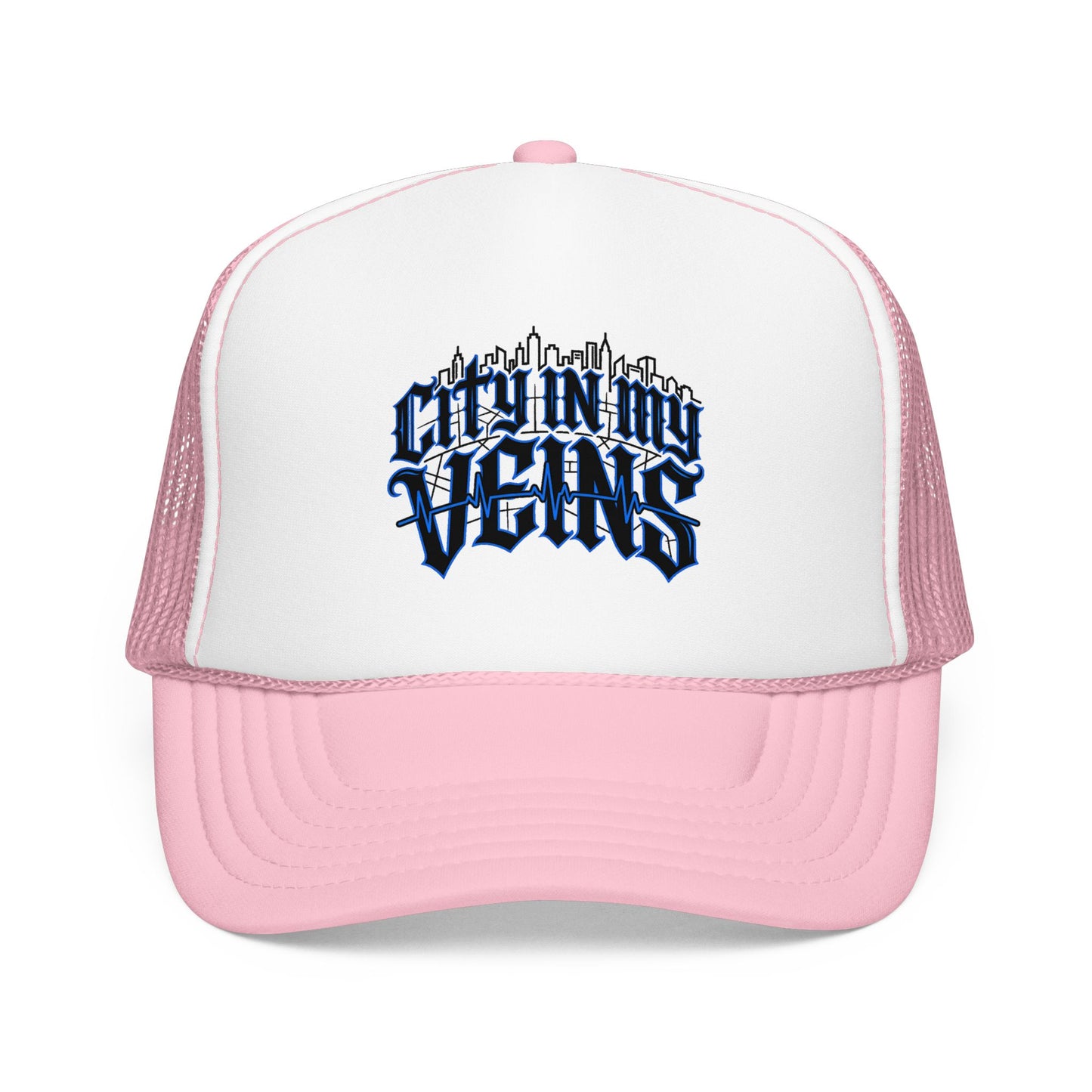 City In My Veins Foam Trucker Hat — Urban Gothic Blue Embroidered Cap