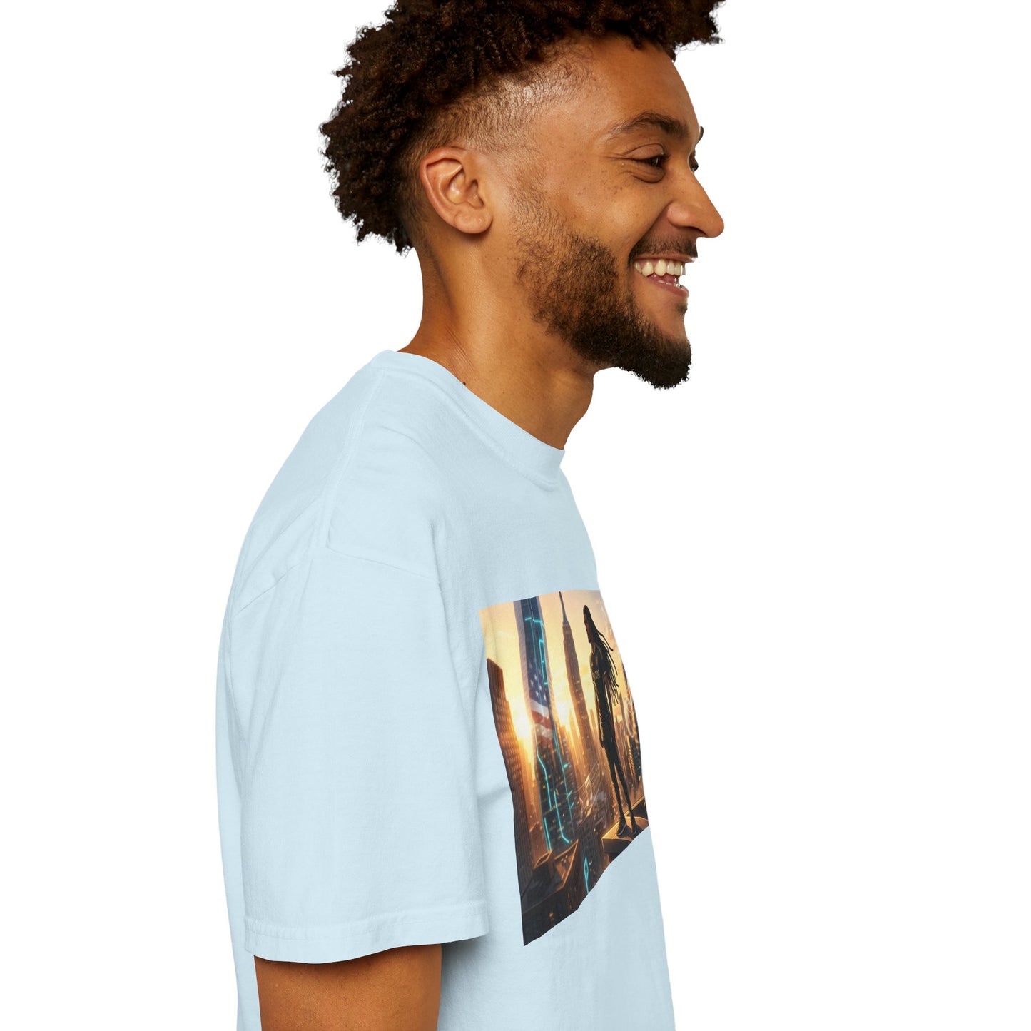 Cyberpunk Cityscape T-Shirt — Silhouette Hero at Sunset