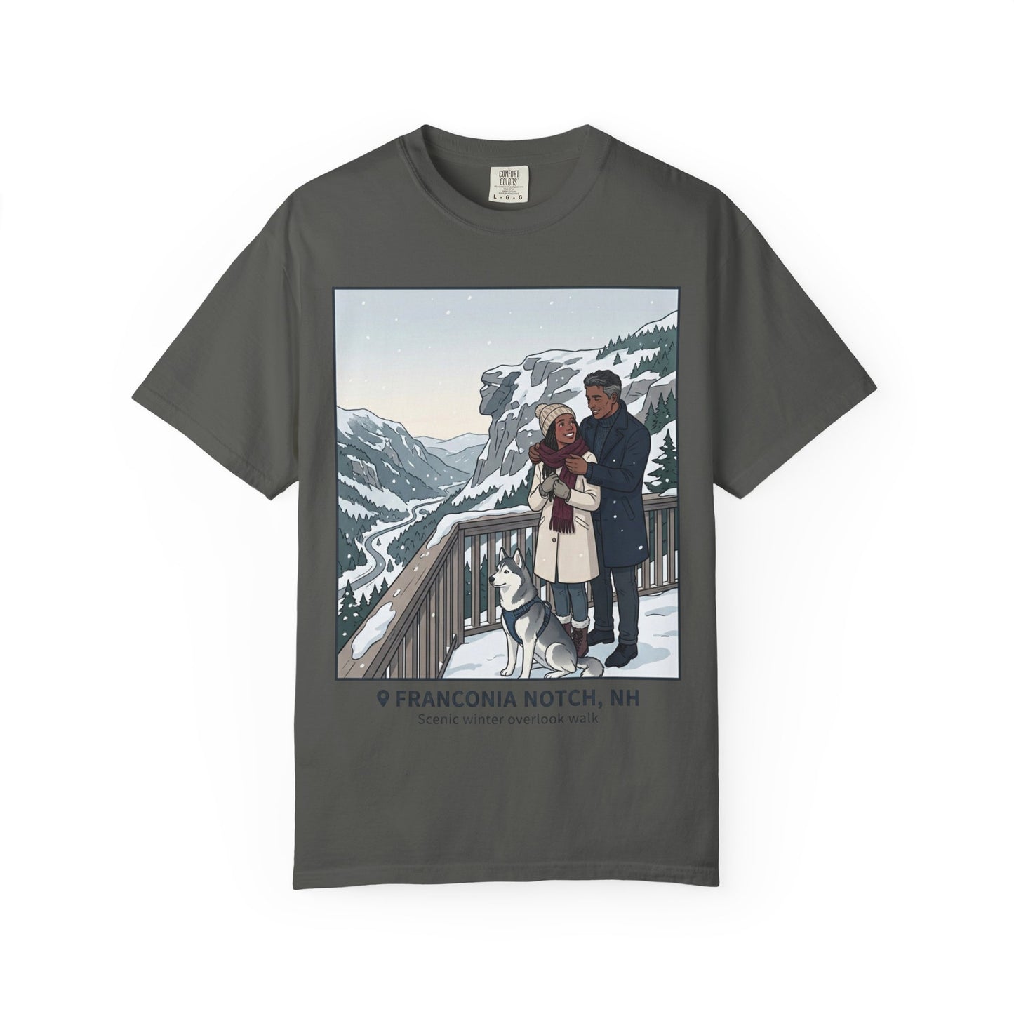 Franconia Notch NH Winter View T-Shirt — Scenic Couple & Husky Travel Tee