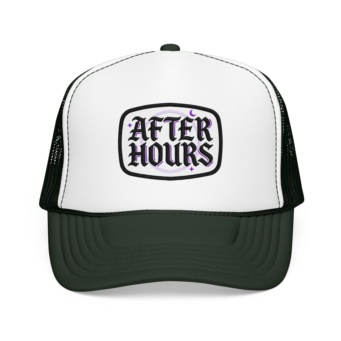 After Hours Foam Trucker Hat – Retro Gothic Embroidered Patch Cap