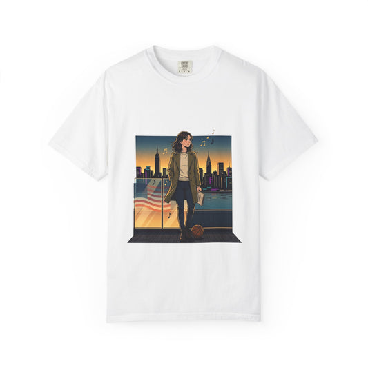 City Sunset Graphic T-Shirt — Woman with Dog Skyline Illustration