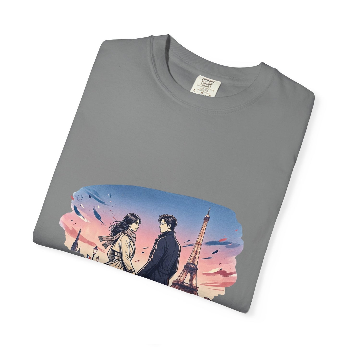 Paris Sunset Romance T-Shirt — Couple Walking by Eiffel Tower Graphic Tee