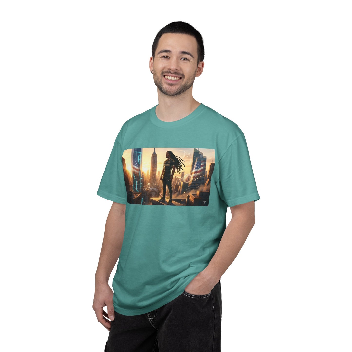 Cyberpunk Cityscape T-Shirt — Silhouette Hero at Sunset