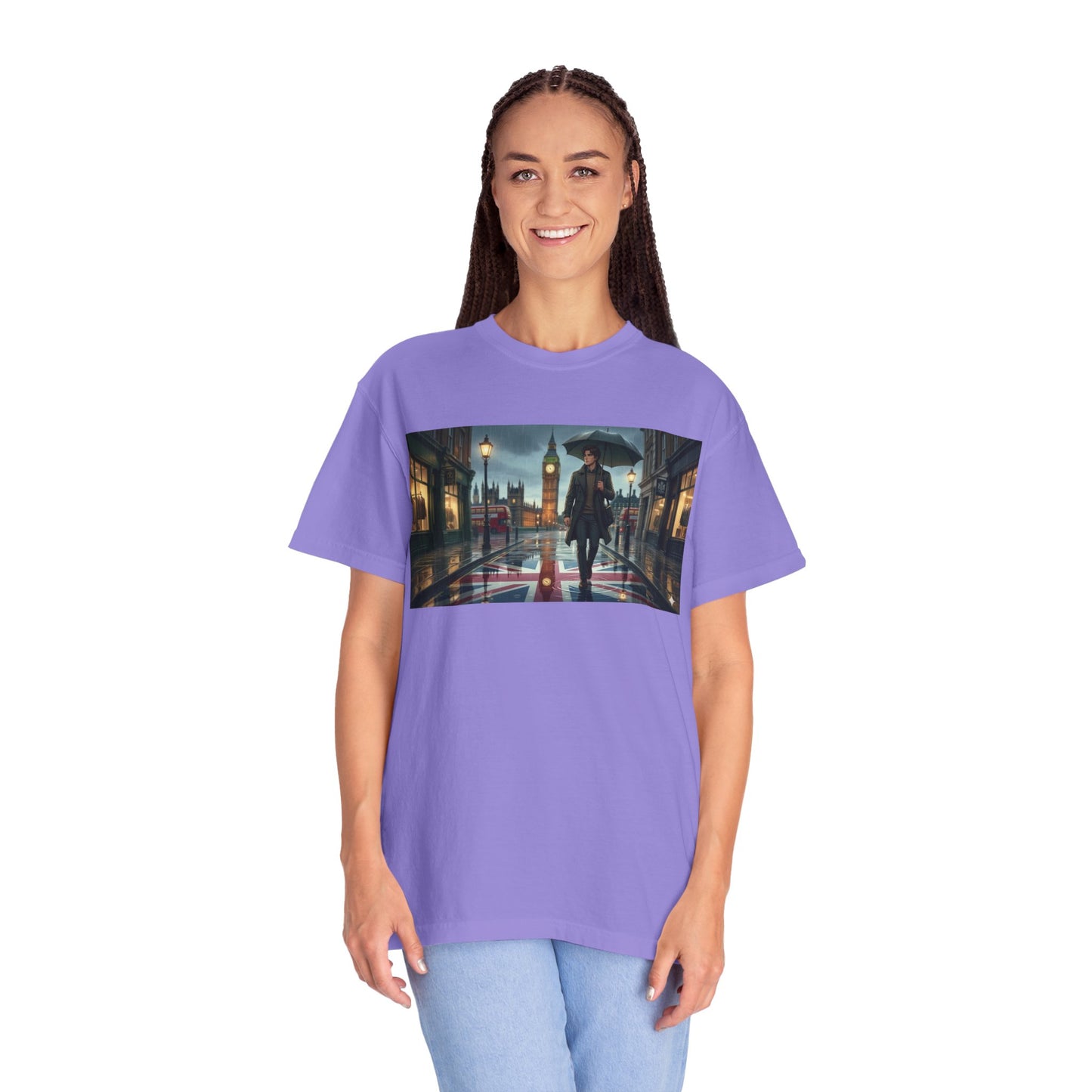 T-Shirt — Rainy London Street Scene Graphic Tee (Big Ben, Umbrella, Night Cityscape)