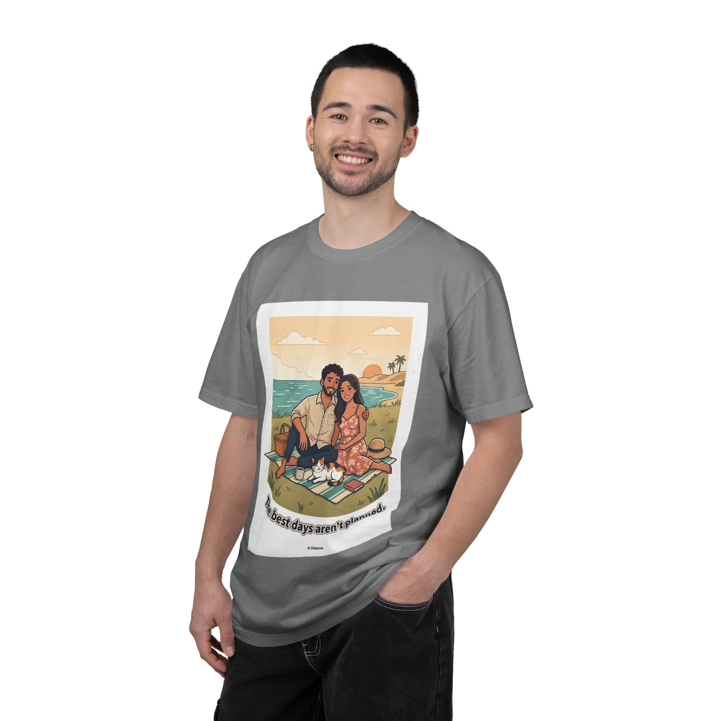 Beach Picnic Couple T‑Shirt — “The best days aren’t planned.” Relaxed Vacation Tee