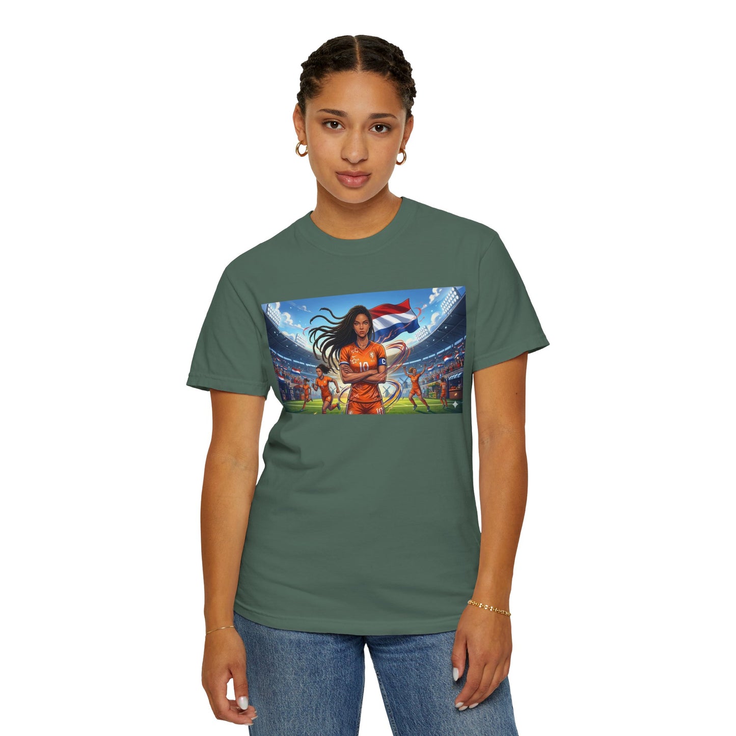 Soccer Warrior T-Shirt — Netherlands Female Captain with Flag Stadium Graphic