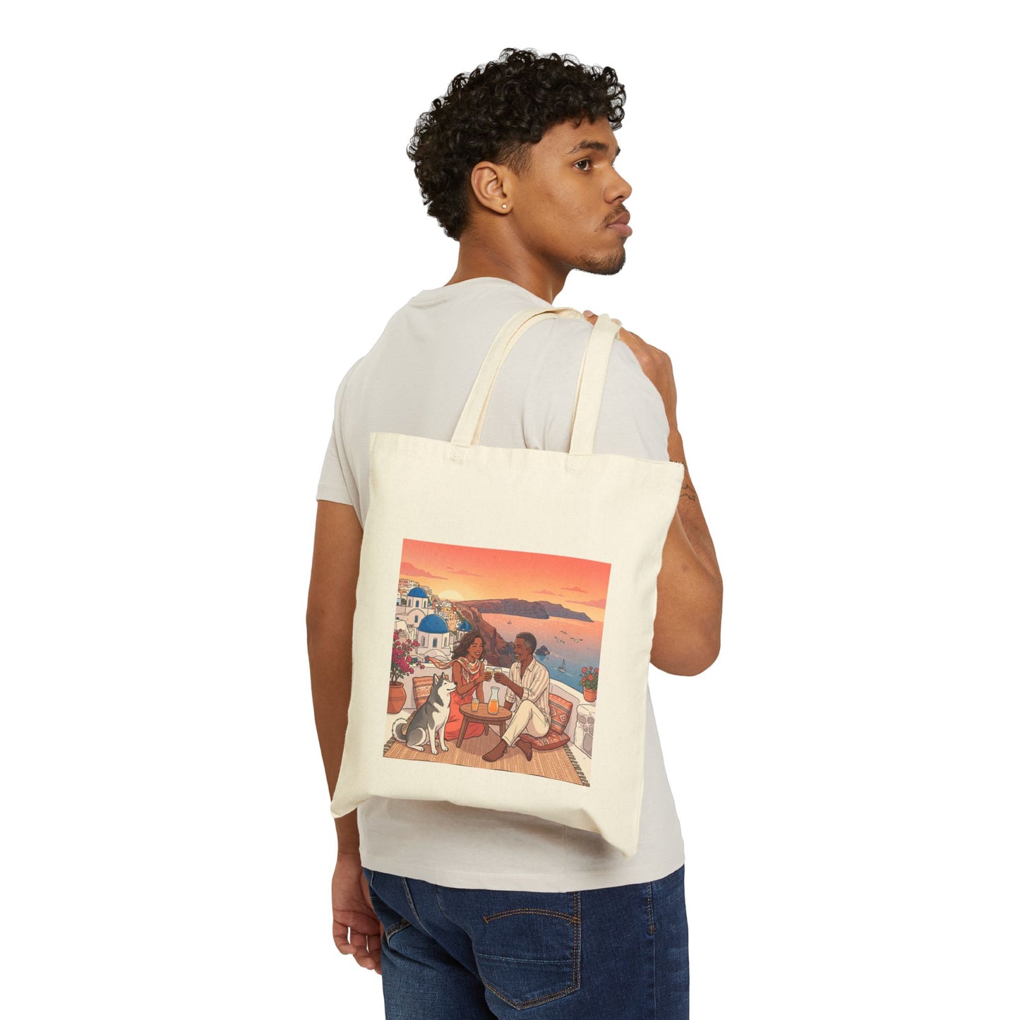 Santorini Sunset Beach Tote — Romantic Couple & Dog Canvas Bag