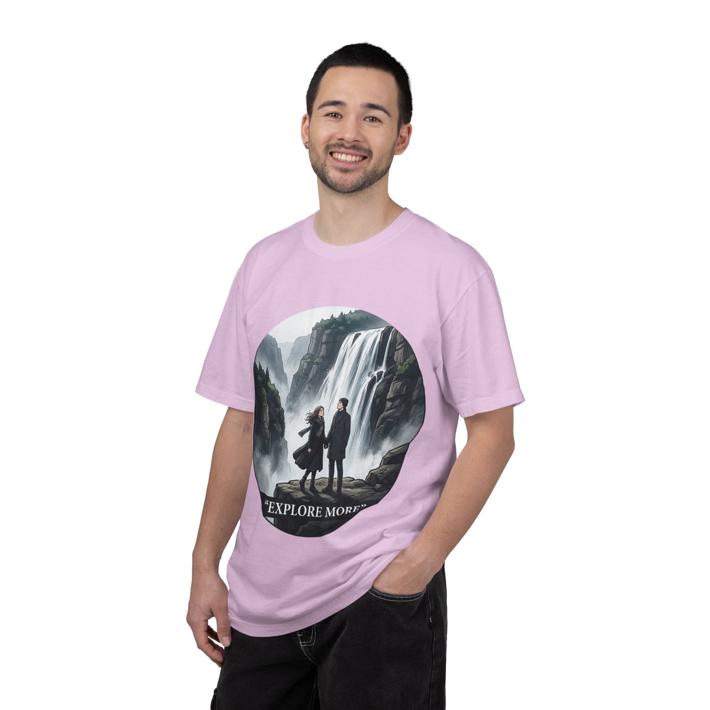 Explore More T-Shirt — Adventure Graphic Tee with Waterfall Scene