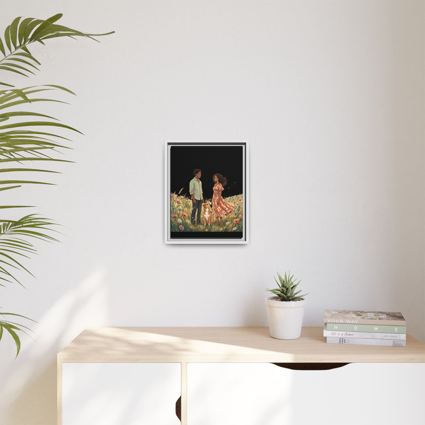 Framed Matte Canvas Print — Romantic Couple in Wildflower Field (Multi‑Color)