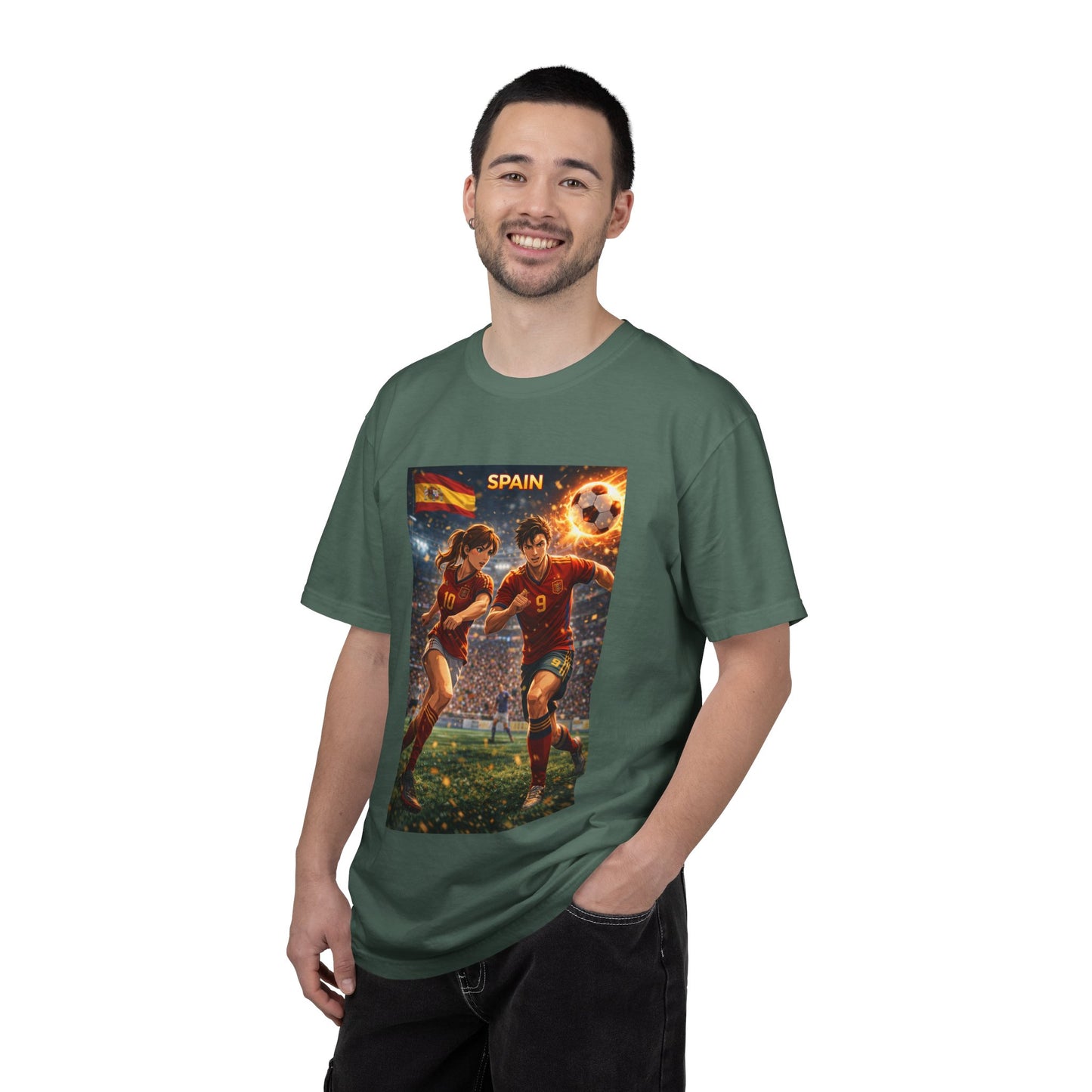 Spain Soccer Graphic T-Shirt — Retro Match Scene with Flag
