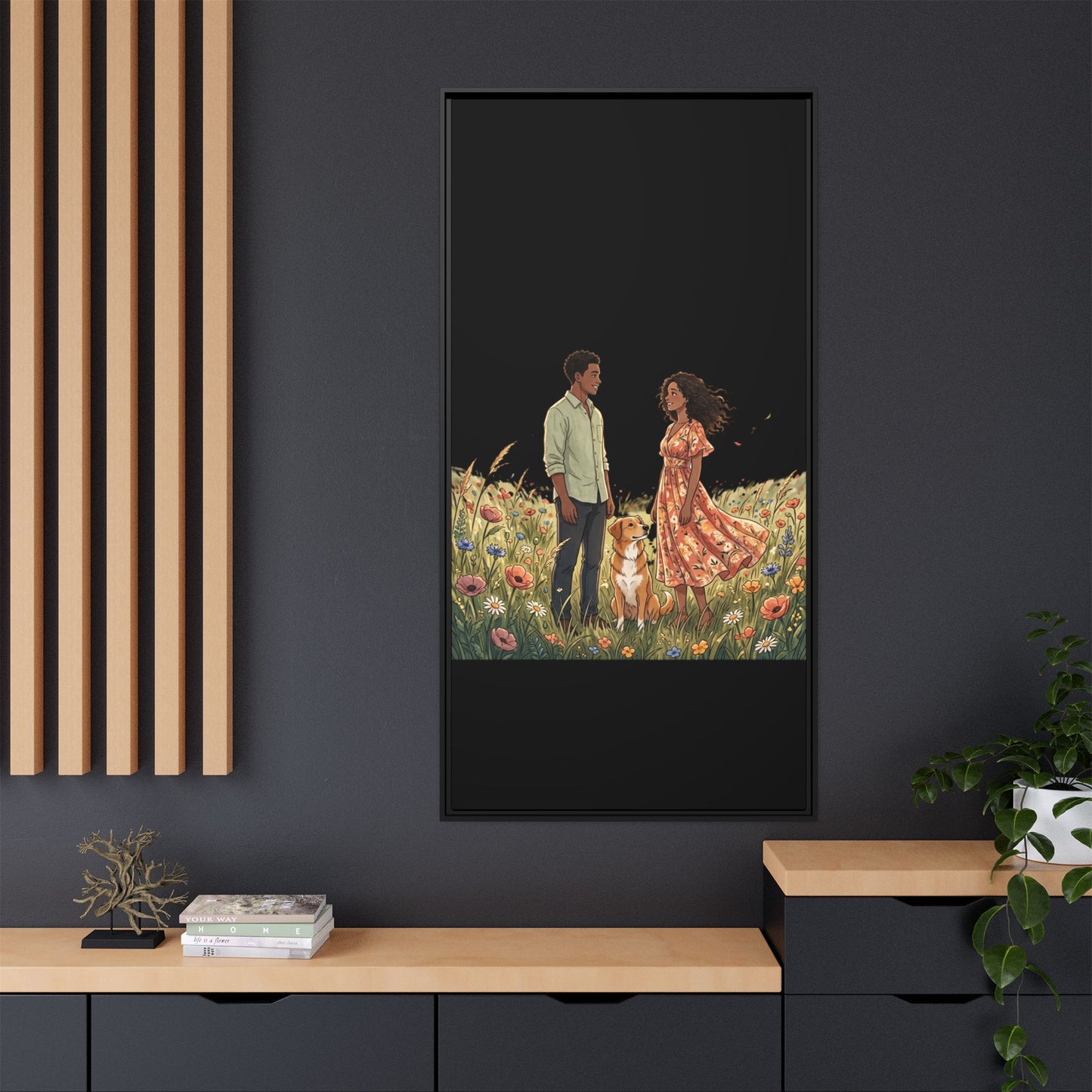 Framed Matte Canvas Print — Romantic Couple in Wildflower Field (Multi‑Color)