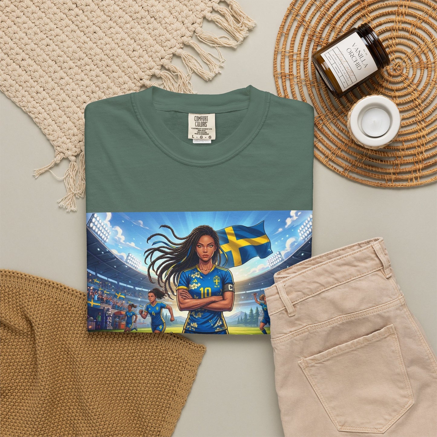 Swedish Soccer Pride T-Shirt — Female Footballer with Flag Stadium Design