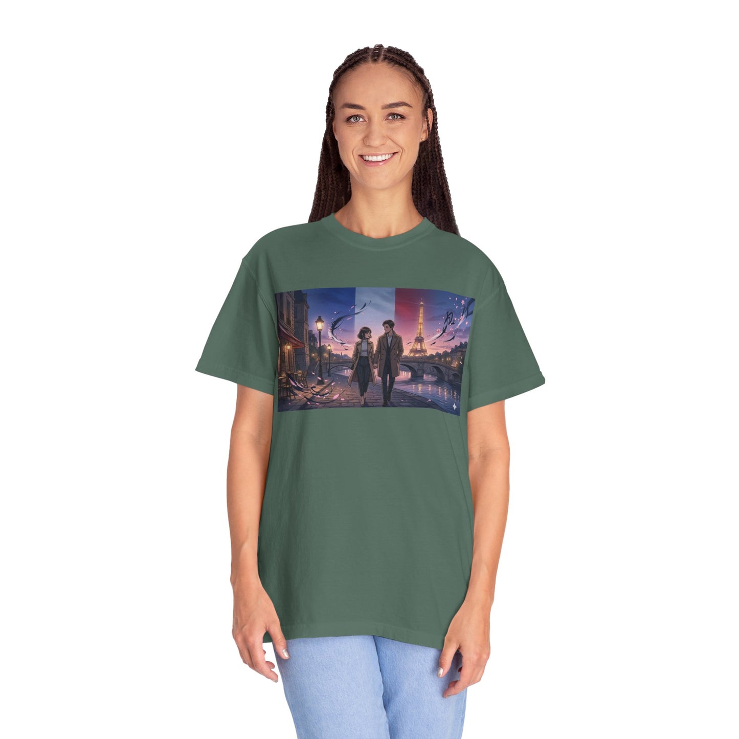 Couple Walking, Eiffel Tower - T-Shirt — Romantic Paris Nightscape Graphic Tee
