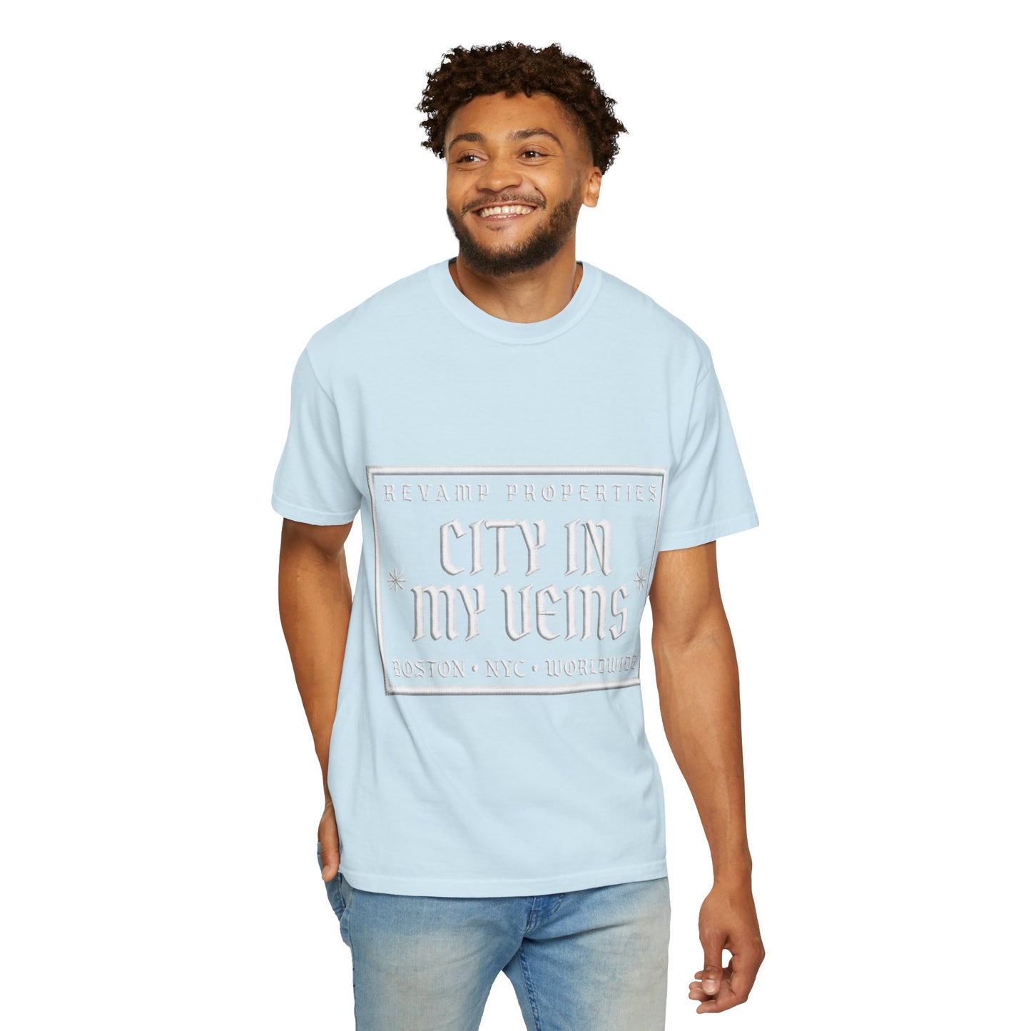 City In My Veins T‑Shirt — Vintage Cityscape Tee (Boston • NYC • Manchester)