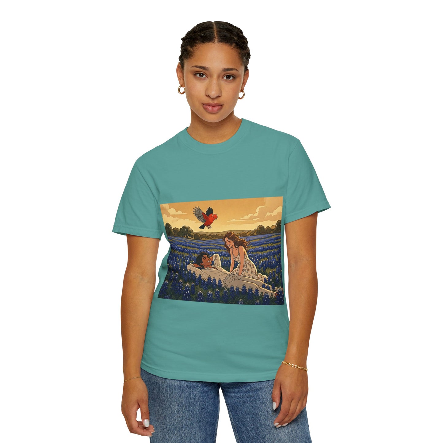 Romantic Bluebonnet Field T-Shirt — Couple in Wildflower Meadow Art Tee