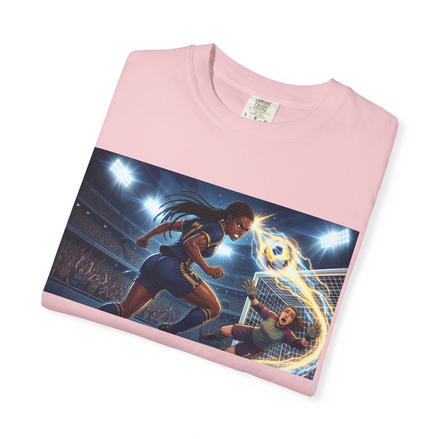 Soccer Duel Graphic T-Shirt — Futuristic Goalkeeper vs Striker Stadium Print