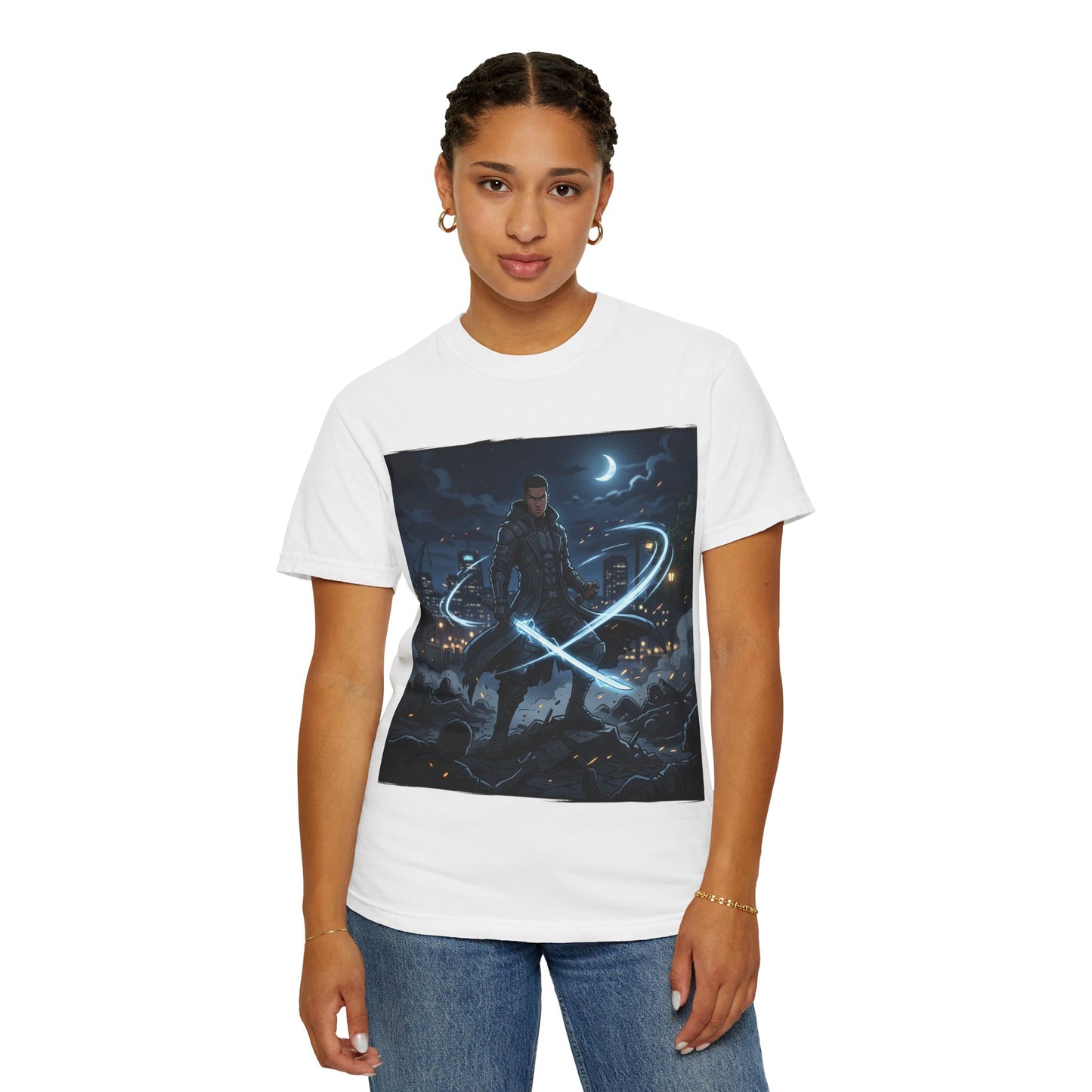 Urban Night Warrior T-Shirt — Neon Samurai Cityscape
