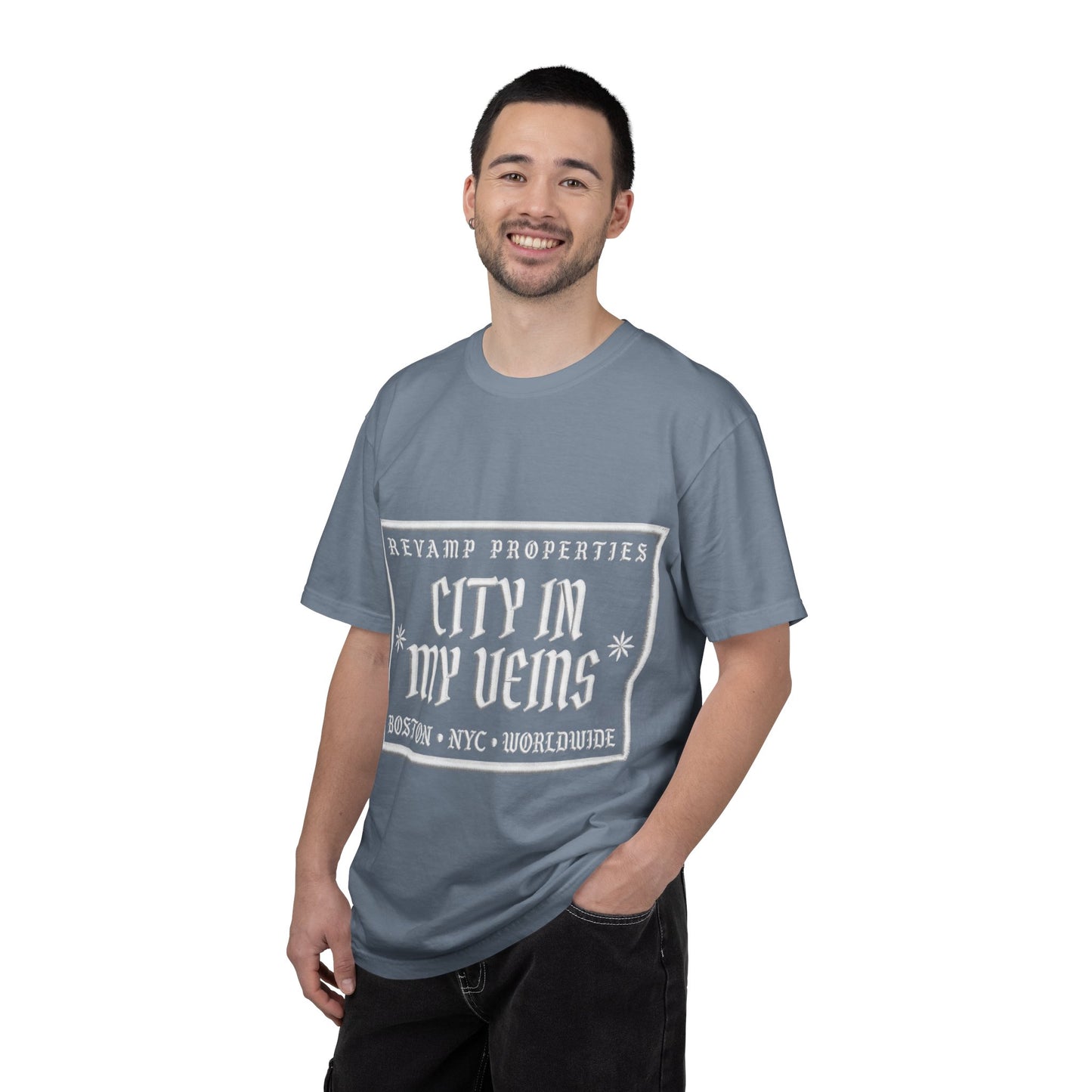 City In My Veins T‑Shirt — Vintage Cityscape Tee (Boston • NYC • Manchester)
