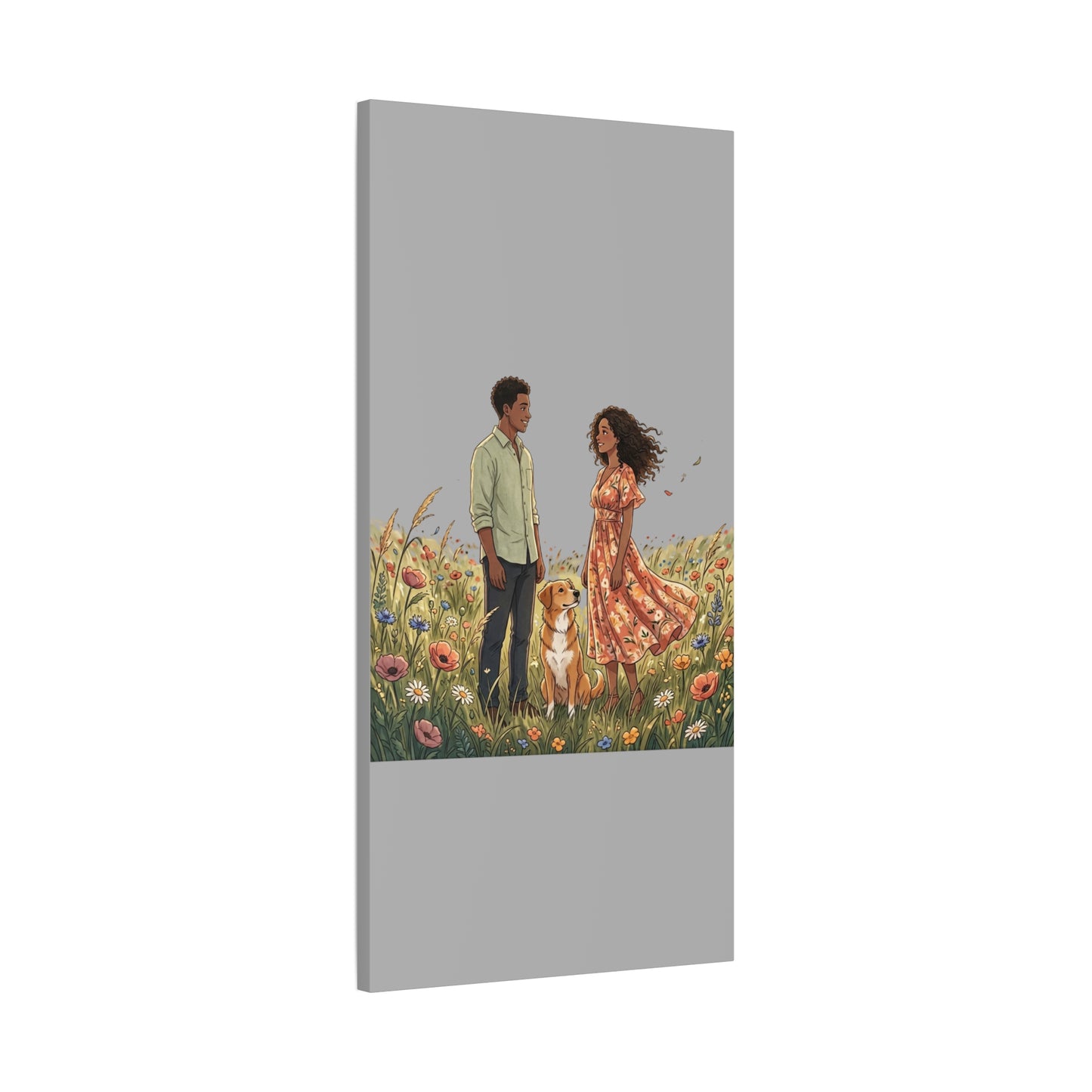 Romantic Couple in Wildflower Field Canvas Art — Black Love Wall Decor with Dog