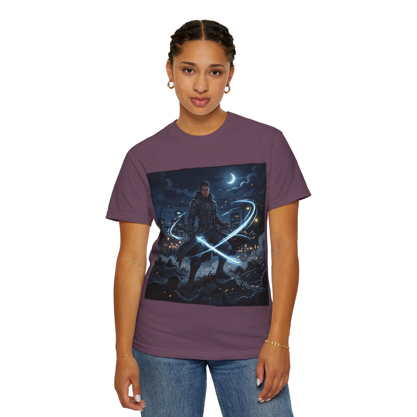 Urban Night Warrior T-Shirt — Neon Samurai Cityscape