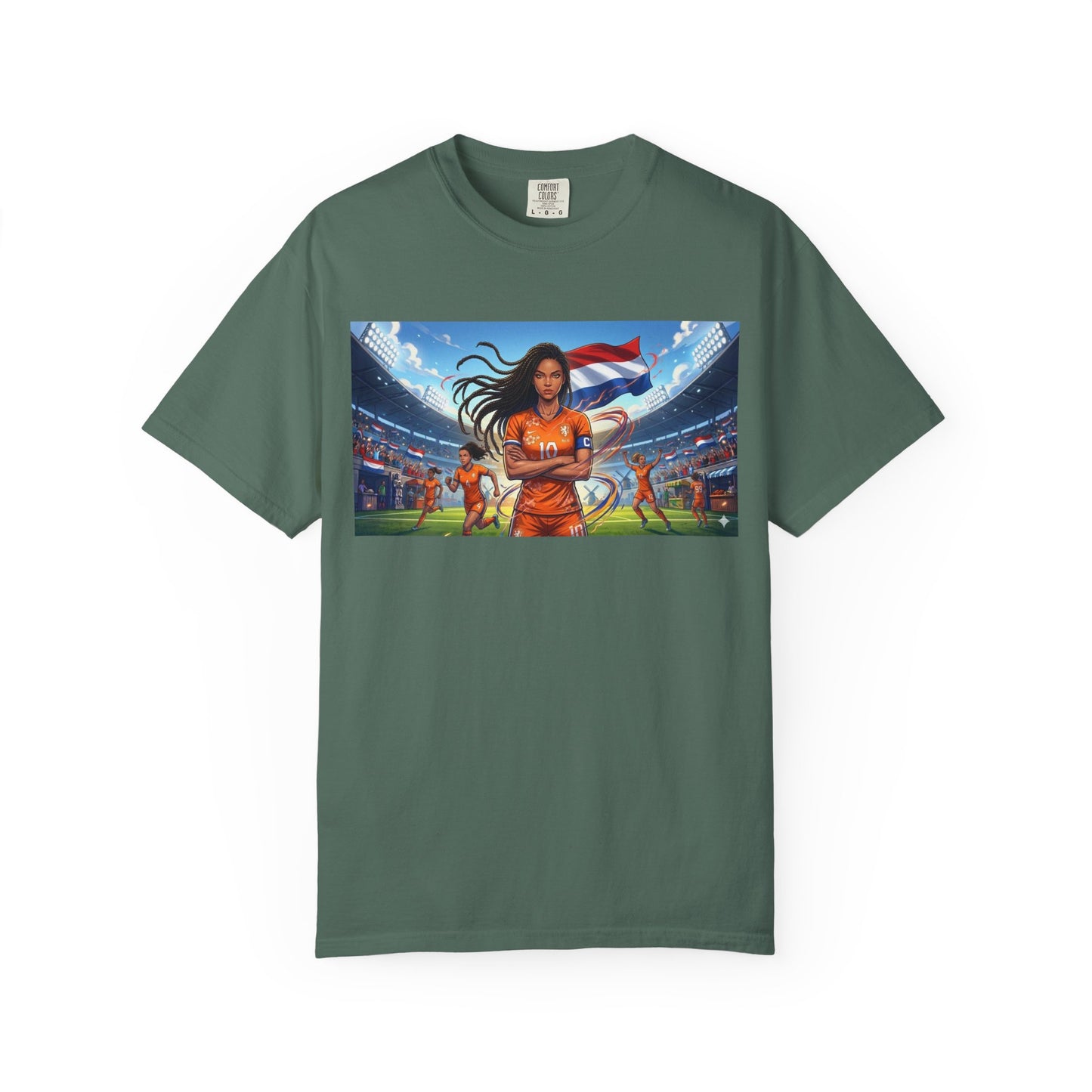 Soccer Warrior T-Shirt — Netherlands Female Captain with Flag Stadium Graphic
