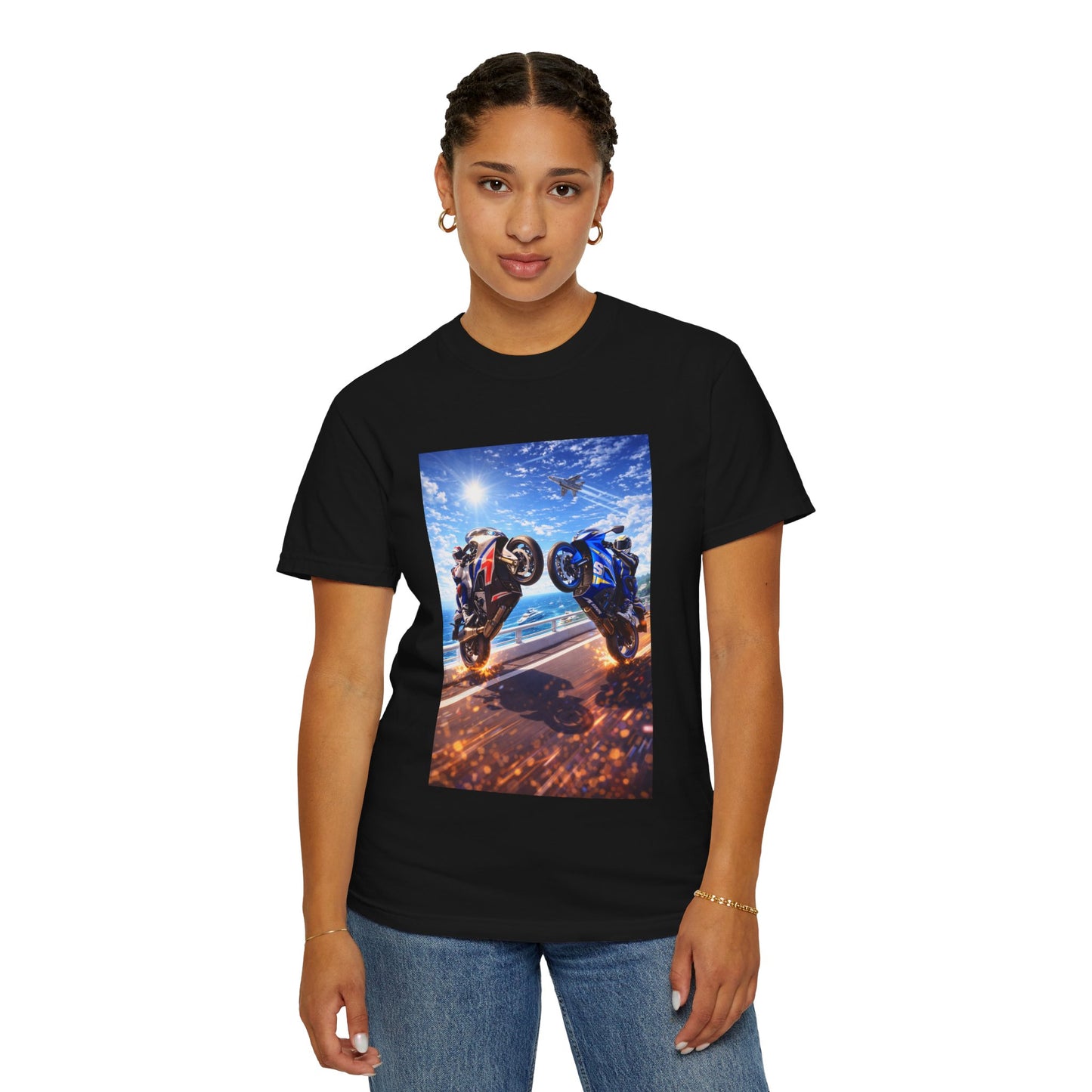 Stunt Riders Motorcycle T-Shirt — Two Bike Wheelie Racing Graphic Tee