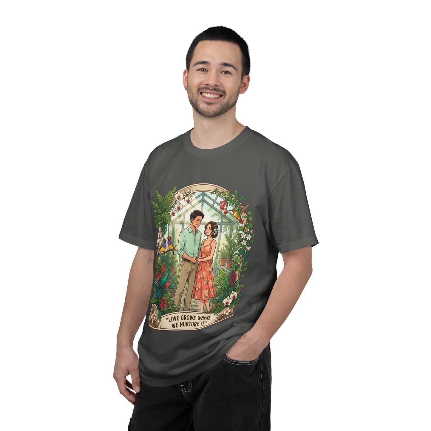Romantic Greenhouse Couples T-Shirt — “Love Grows Where We Nurture It”