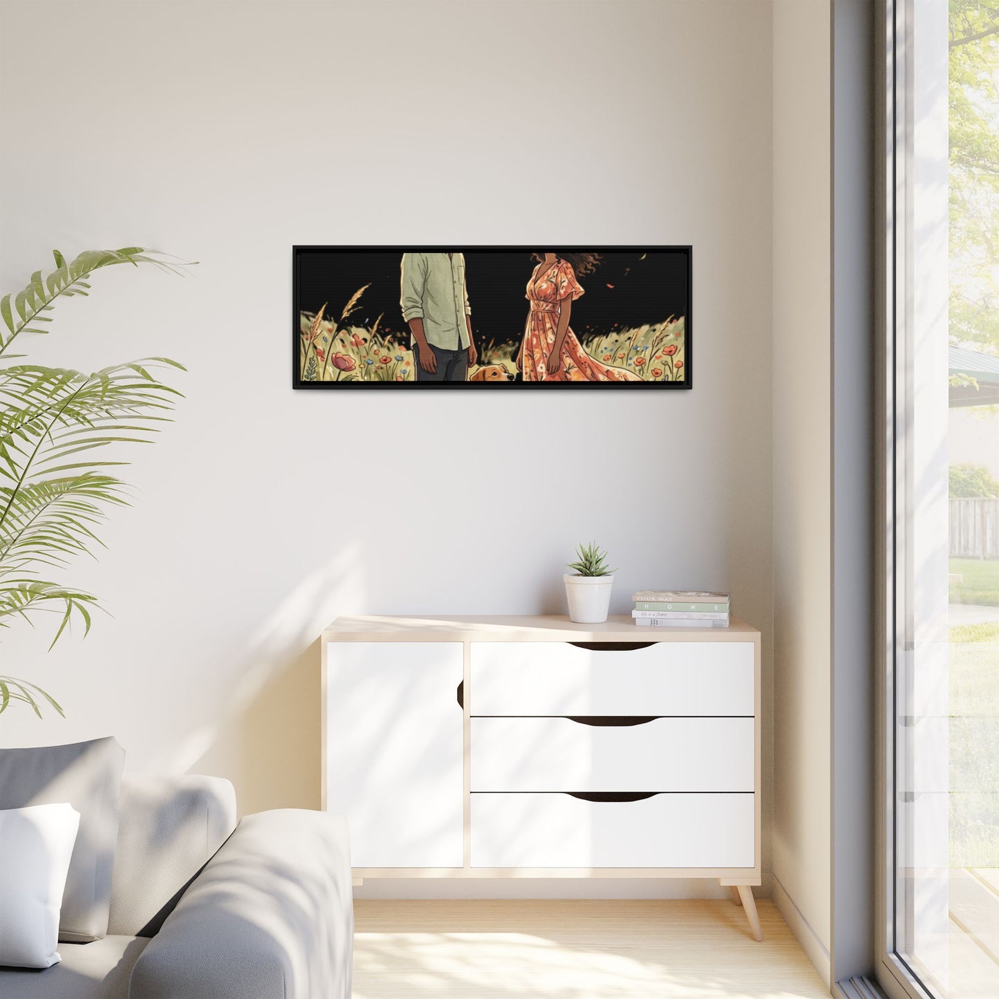 Framed Matte Canvas Print — Romantic Couple in Wildflower Field (Multi‑Color)